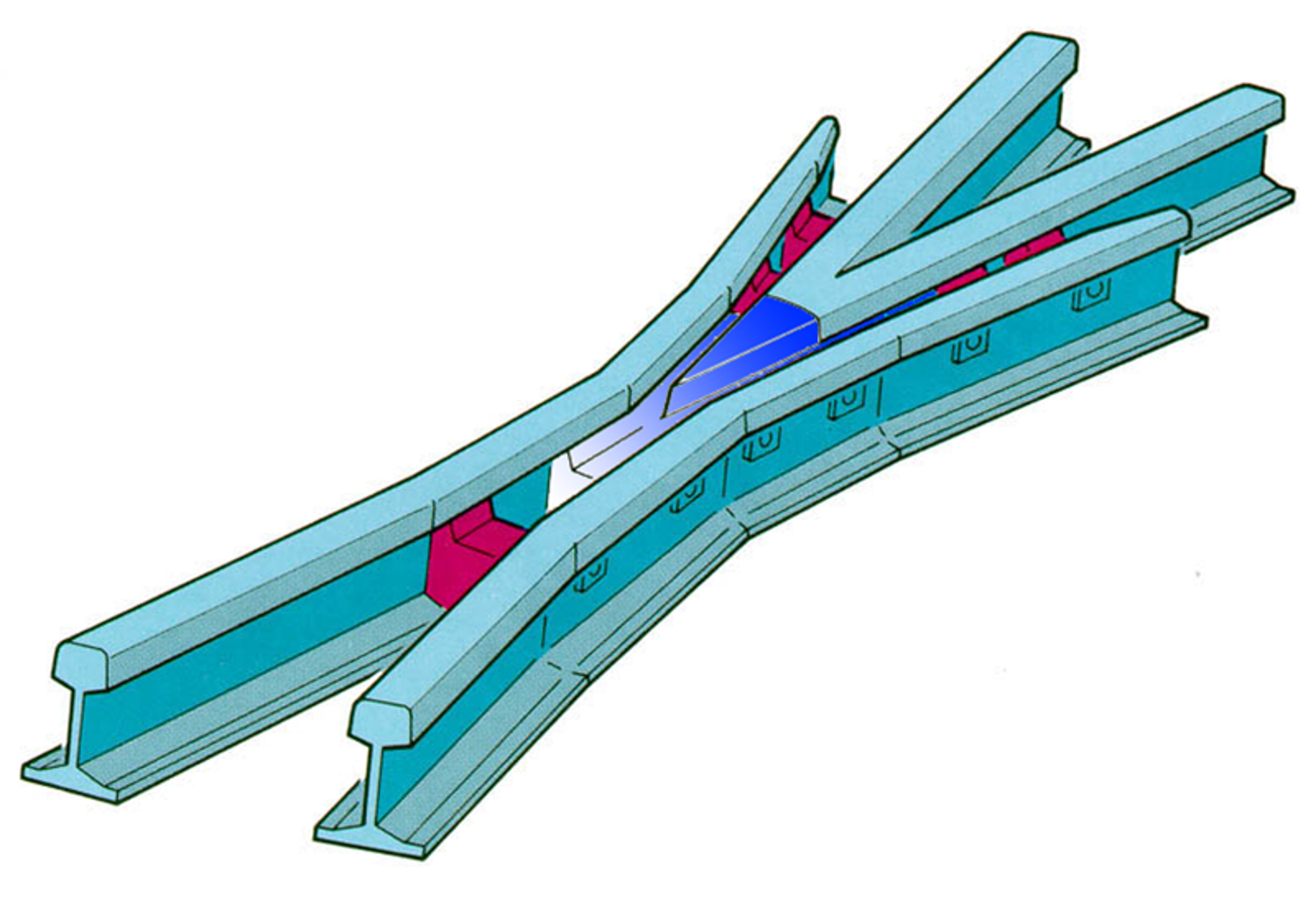 3D-modell av smidd krysspissblokk med markerte komponenter i ulike farger.