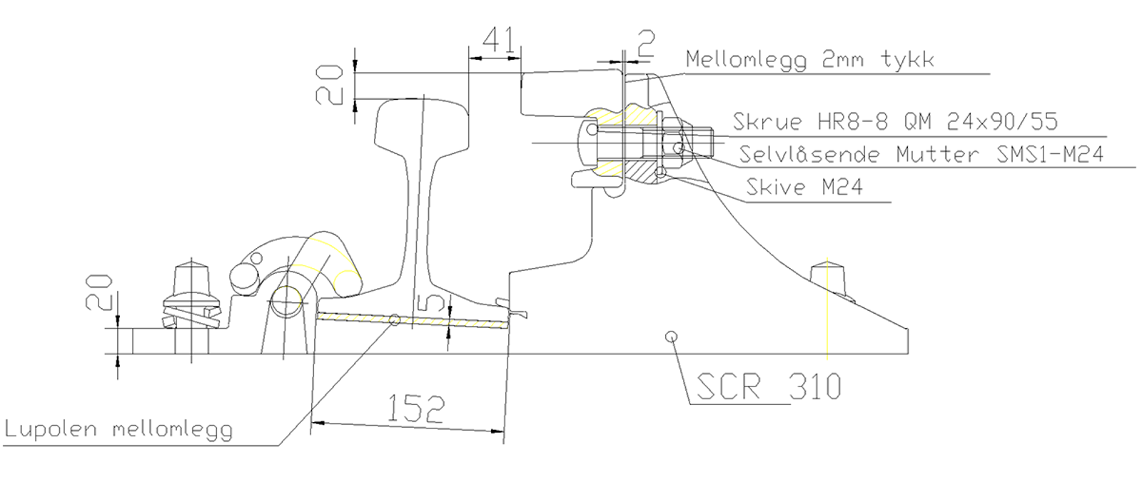 Teknisk tegning av ledeskinneprofil 33C1 med helstøpt brakettplate og festedetaljer.