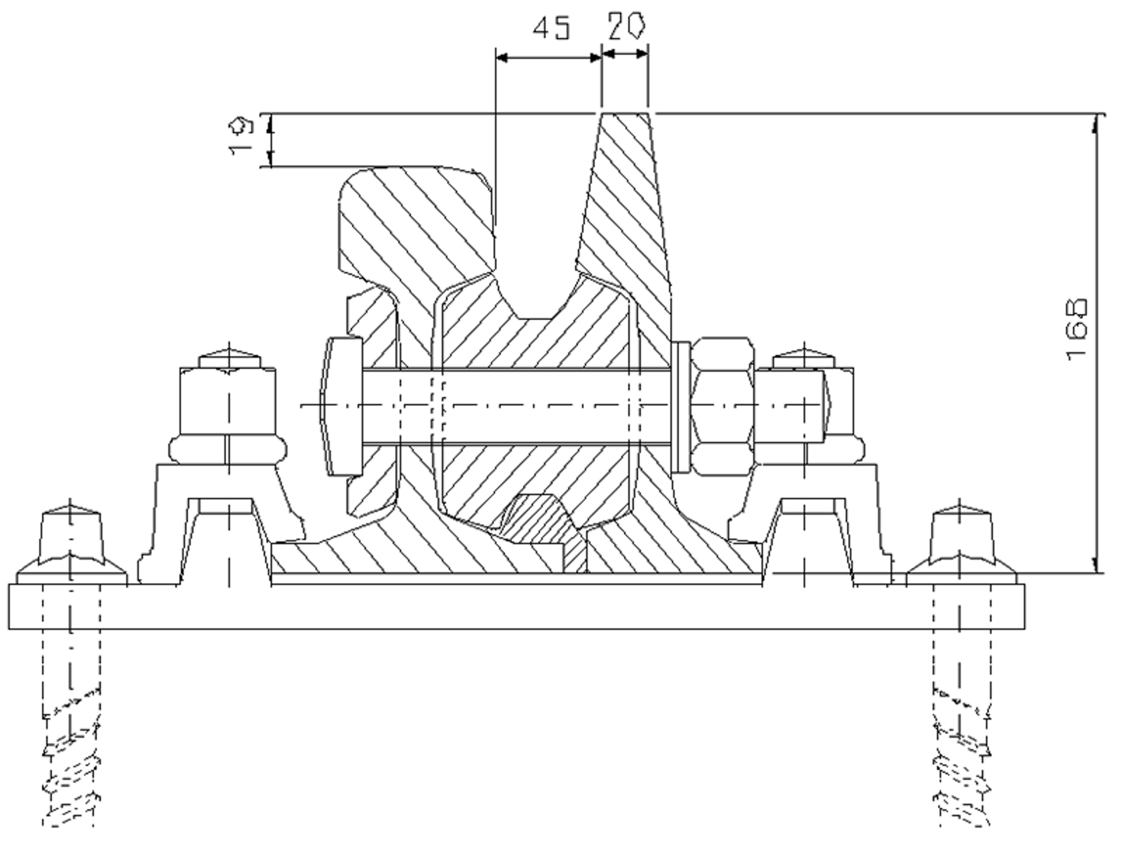 Høyt ledeskinneprofil FL1-49 der toppen ligger 19 mm over skinnetopp.