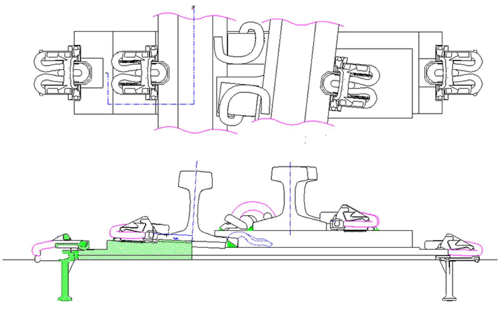 Pandrol Fastclip befestigelsessystem med fjærer og elastiske mellomlegg.