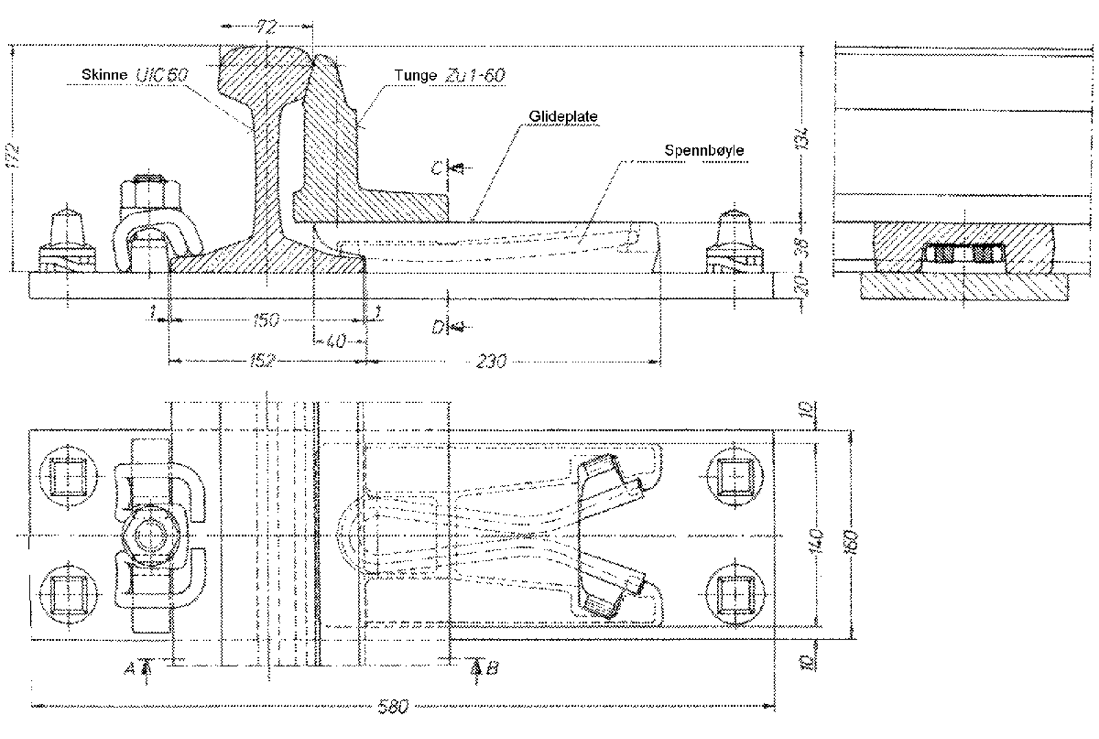 Fjærbøyle for feste av stokkskinne i tungepartiet på en 60E1 sporveksel.