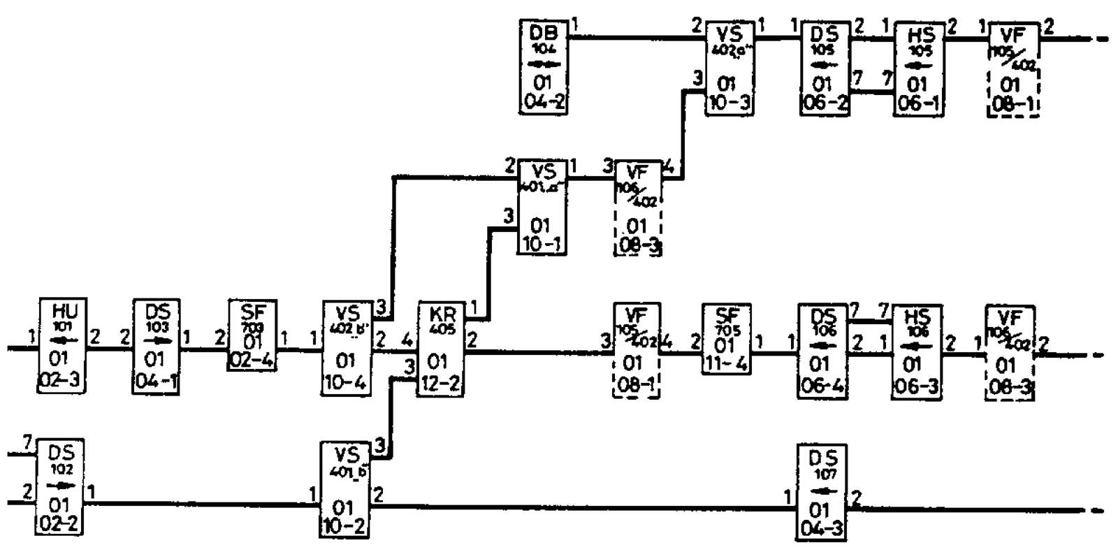 Skjematisk plan som viser tilkobling mellom relégrupper via sporkabel.