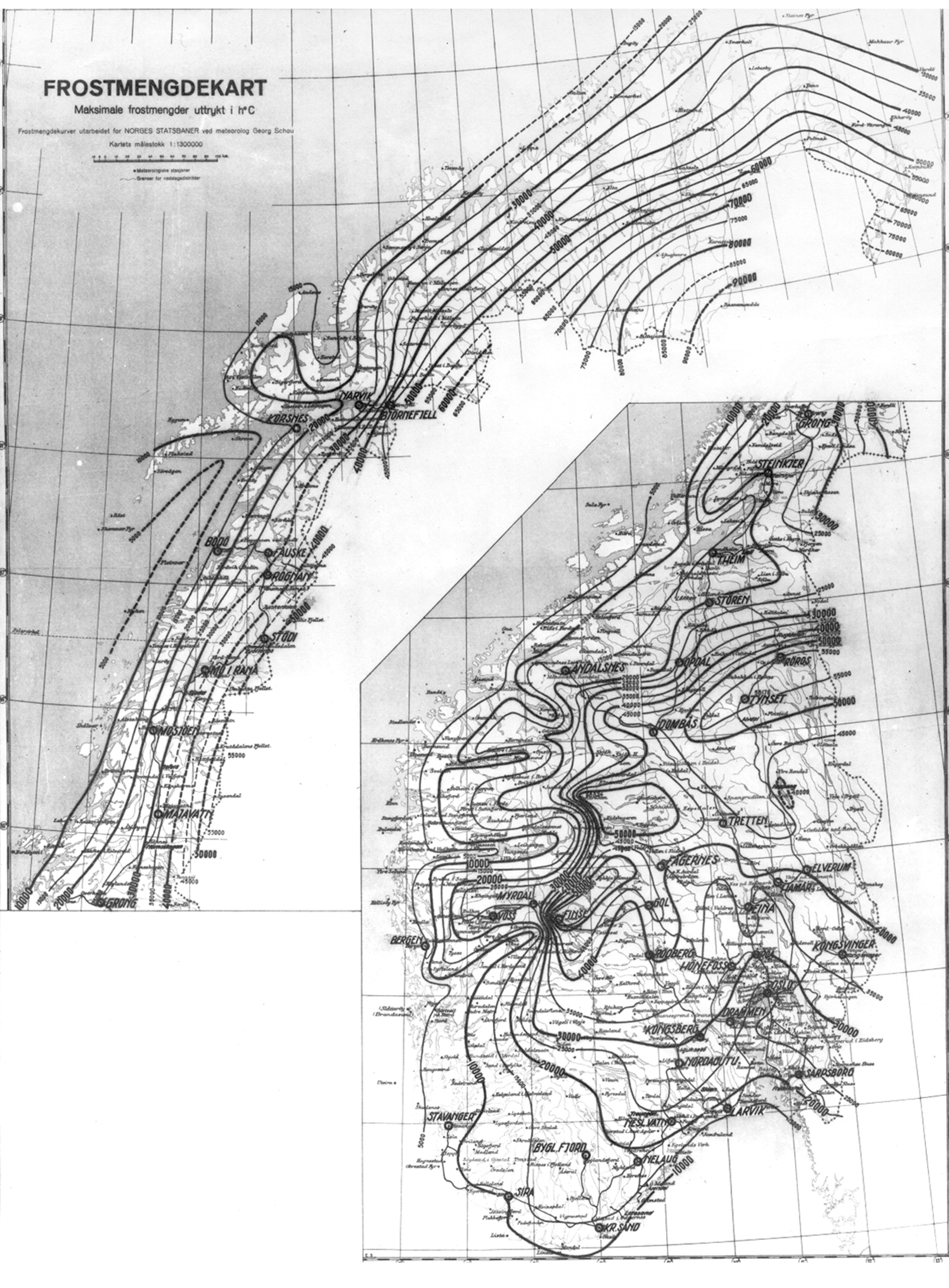 Kart over maksimal frostmengde i Norge, basert på geografisk lokalisering.