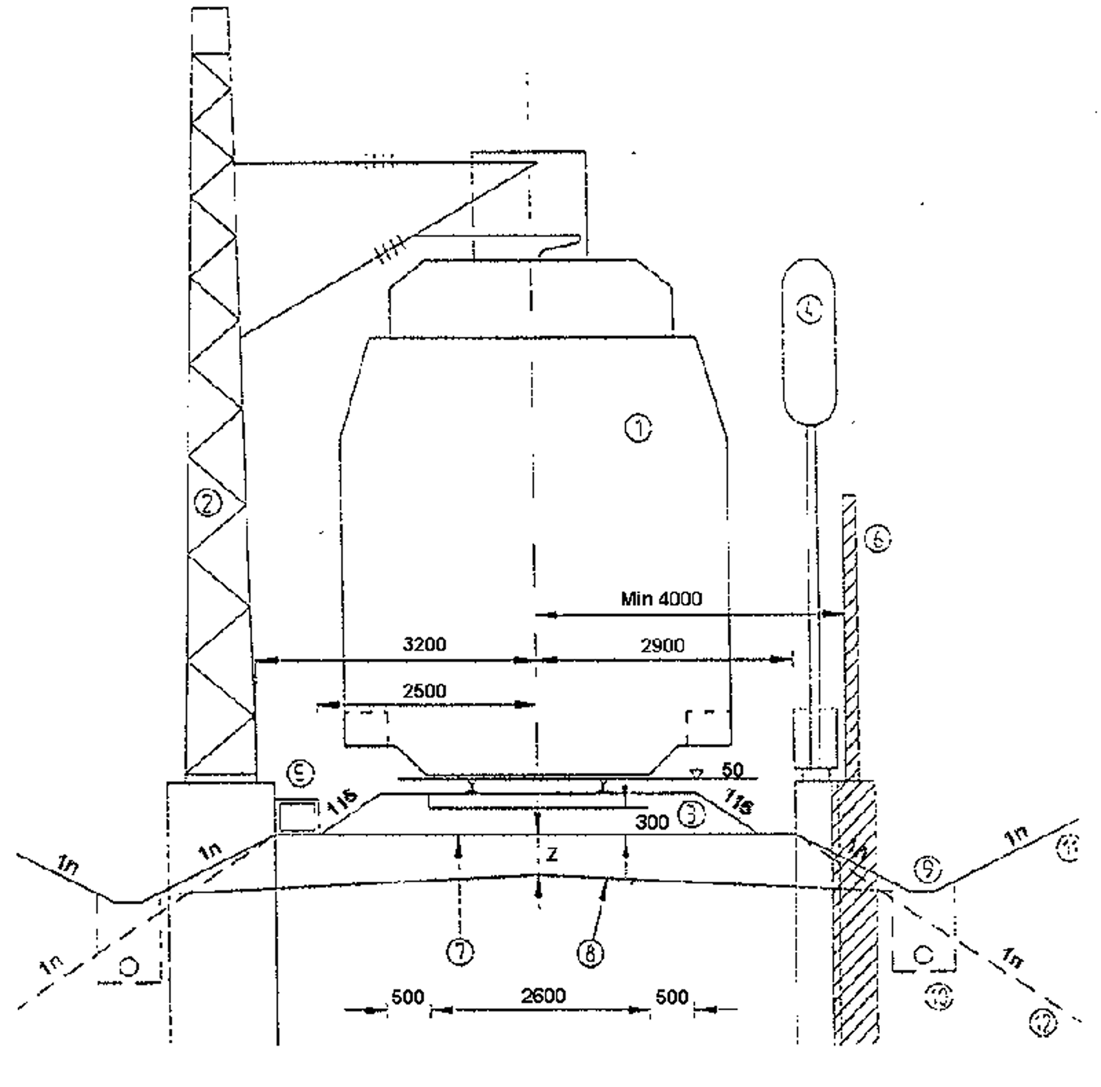 Teknisk tegning som viser plassering av gjerde minst 4 m fra spormidt.