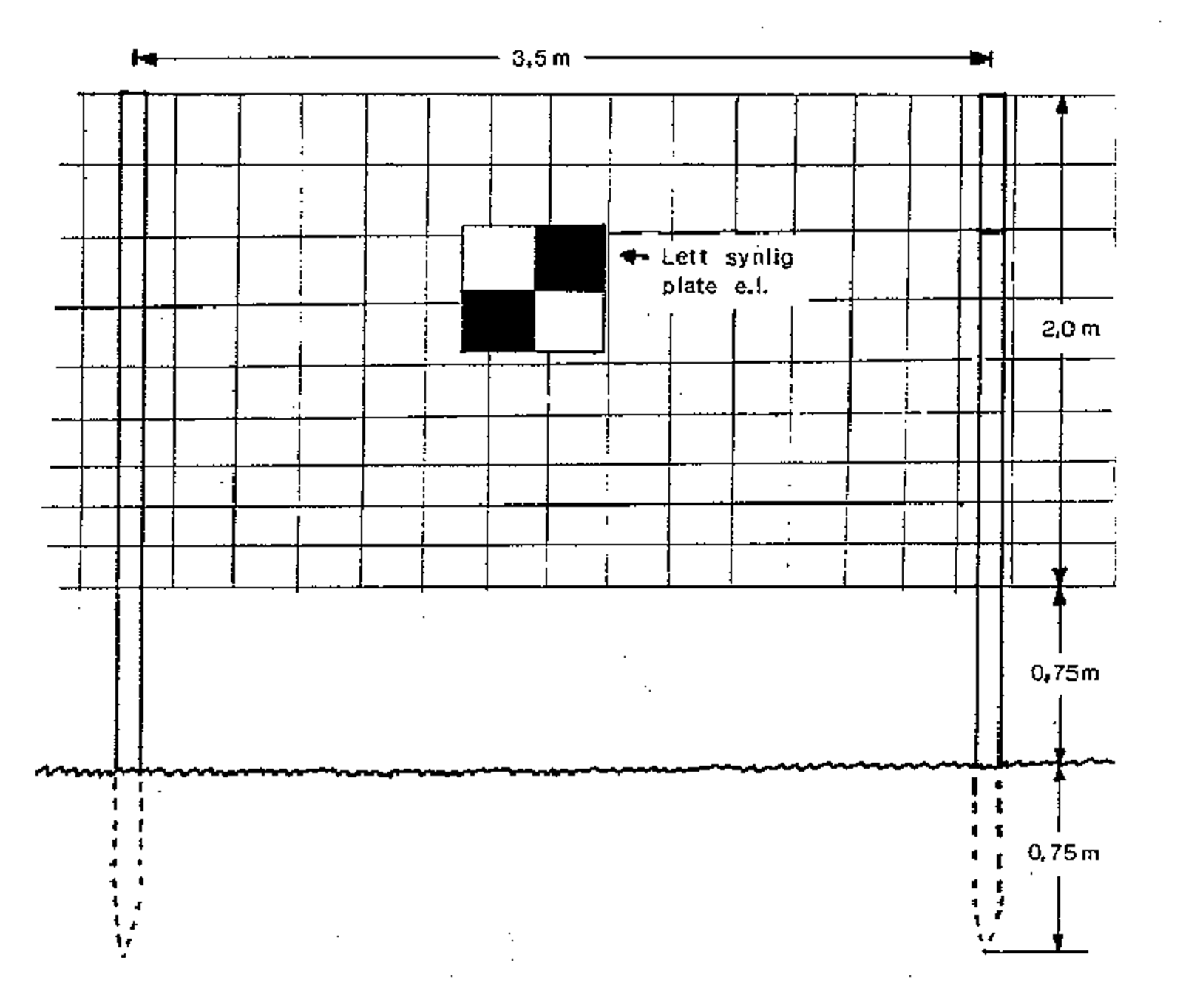 Skisse av sluseområde i viltgjerde med mål og detaljer for sikker dyrepassasje.
