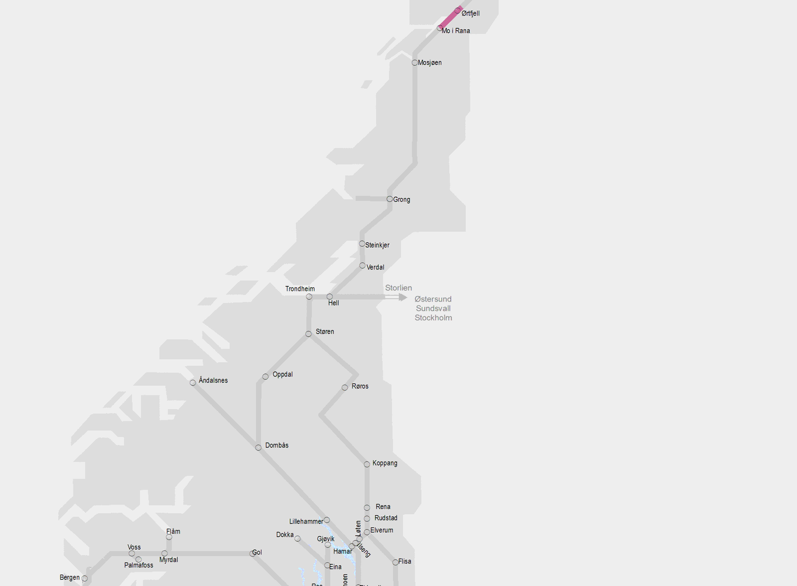 Illustrasjon: Norgeskart som viser maks tillatt metervekt i henhold til strekningers klassifisering.