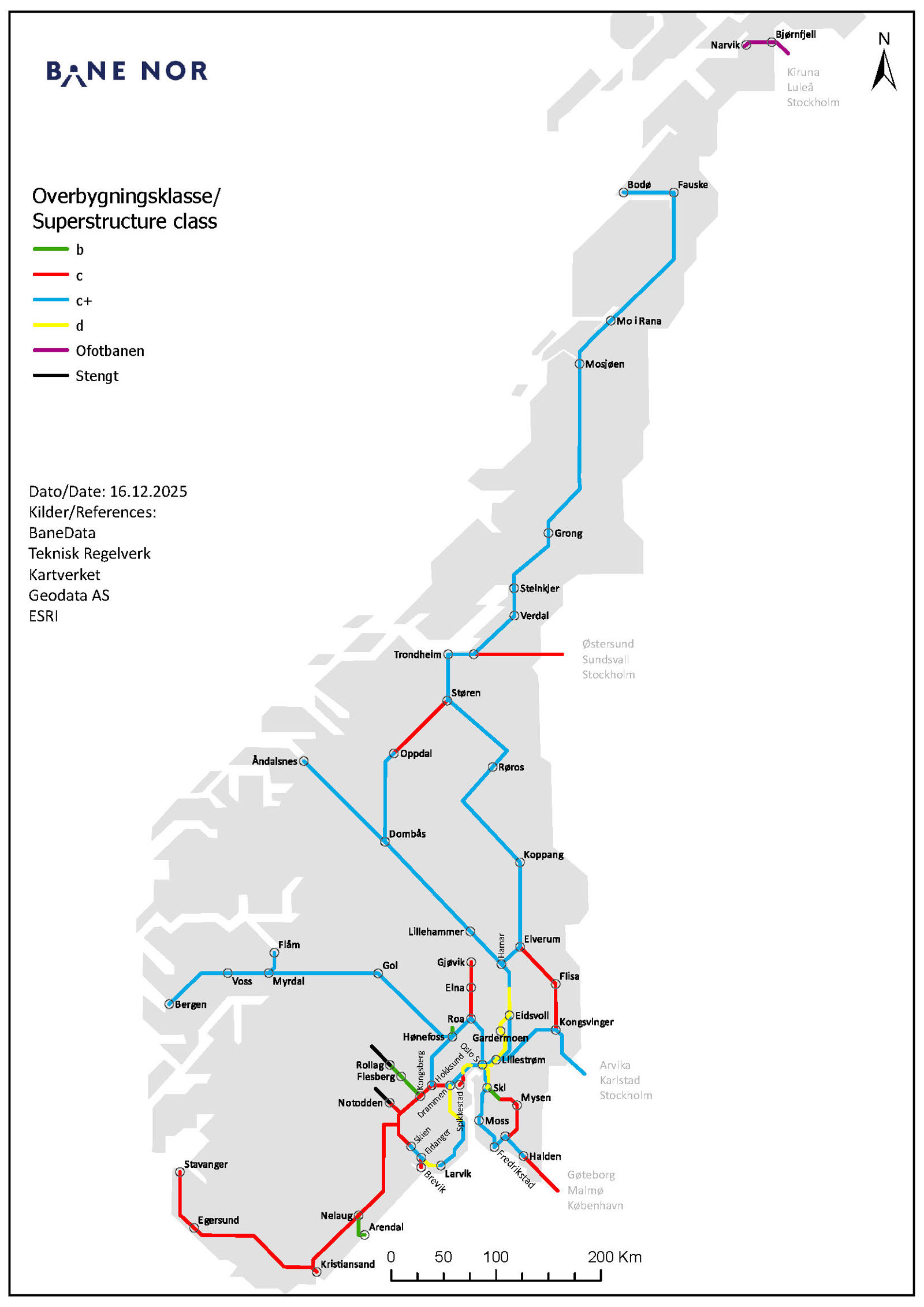 Illustrasjon: Norgeskart viser togstrekningene i Norge og deres tilhørende overbygningsklasser.