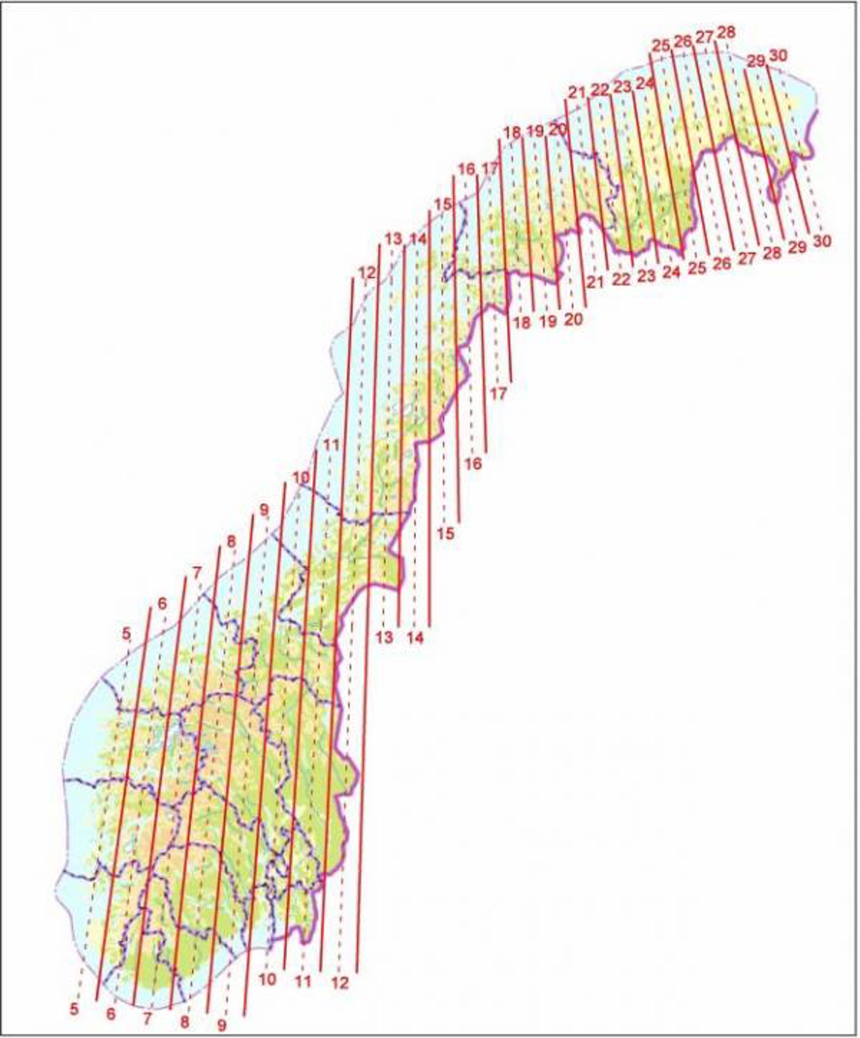 Kart over Norge med EUREF89 NTM-soner fra 5 til 30
