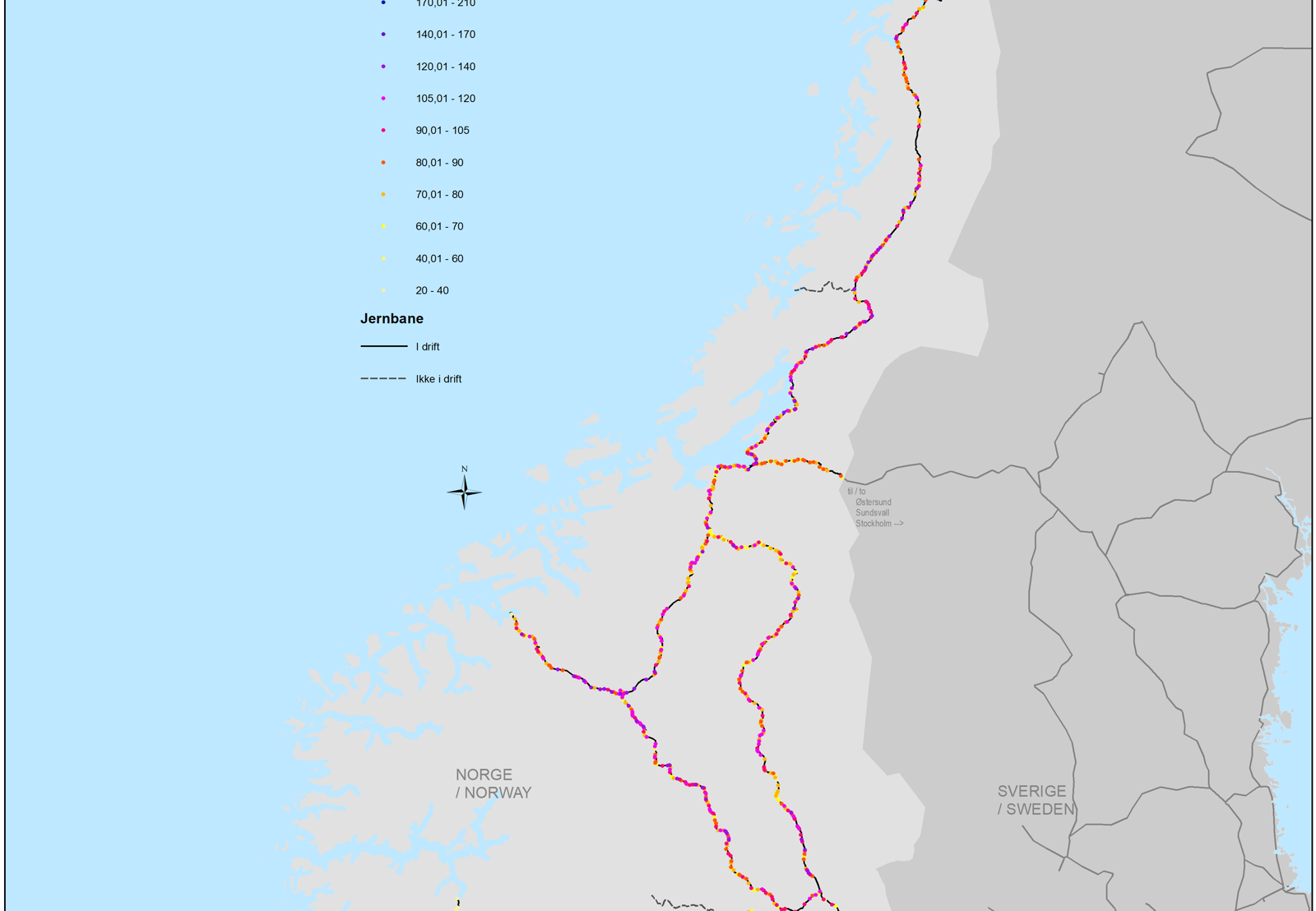 Kart som viser tillatte linjehastigheter langs jernbanenettet.