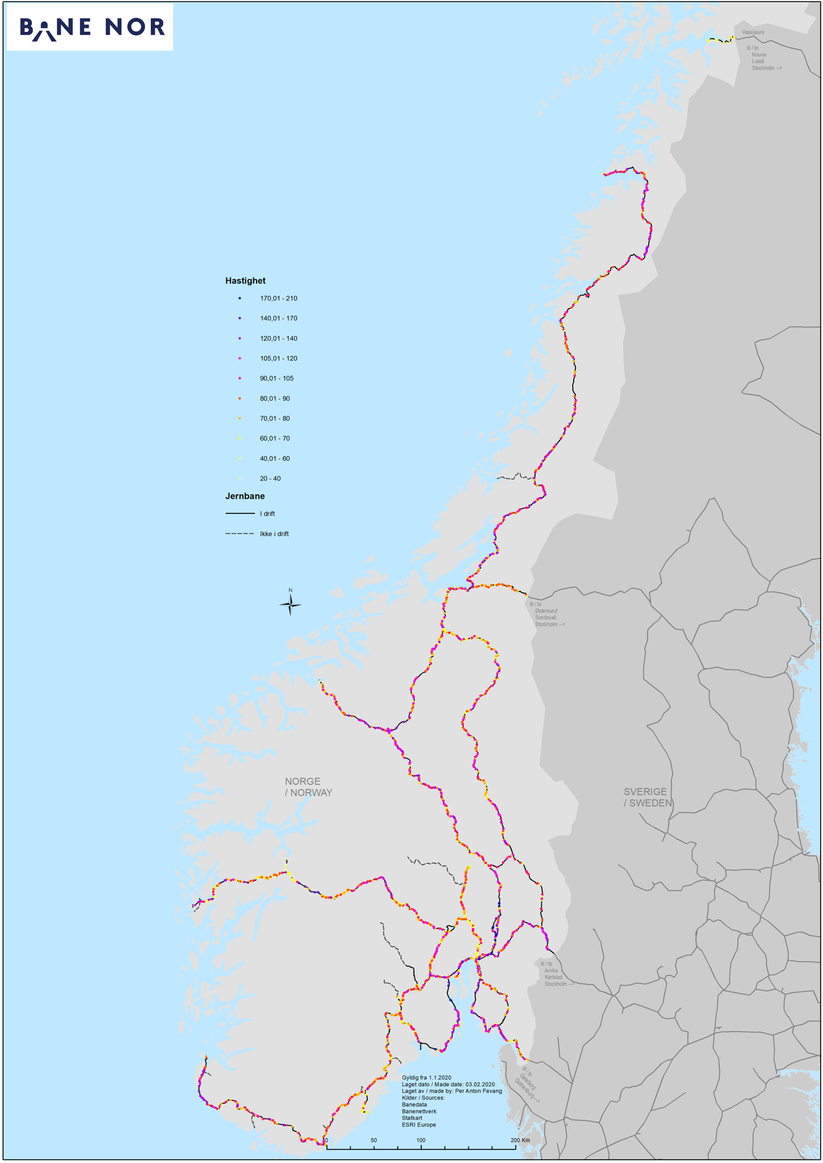 Kart som viser tillatte linjehastigheter langs jernbanenettet.