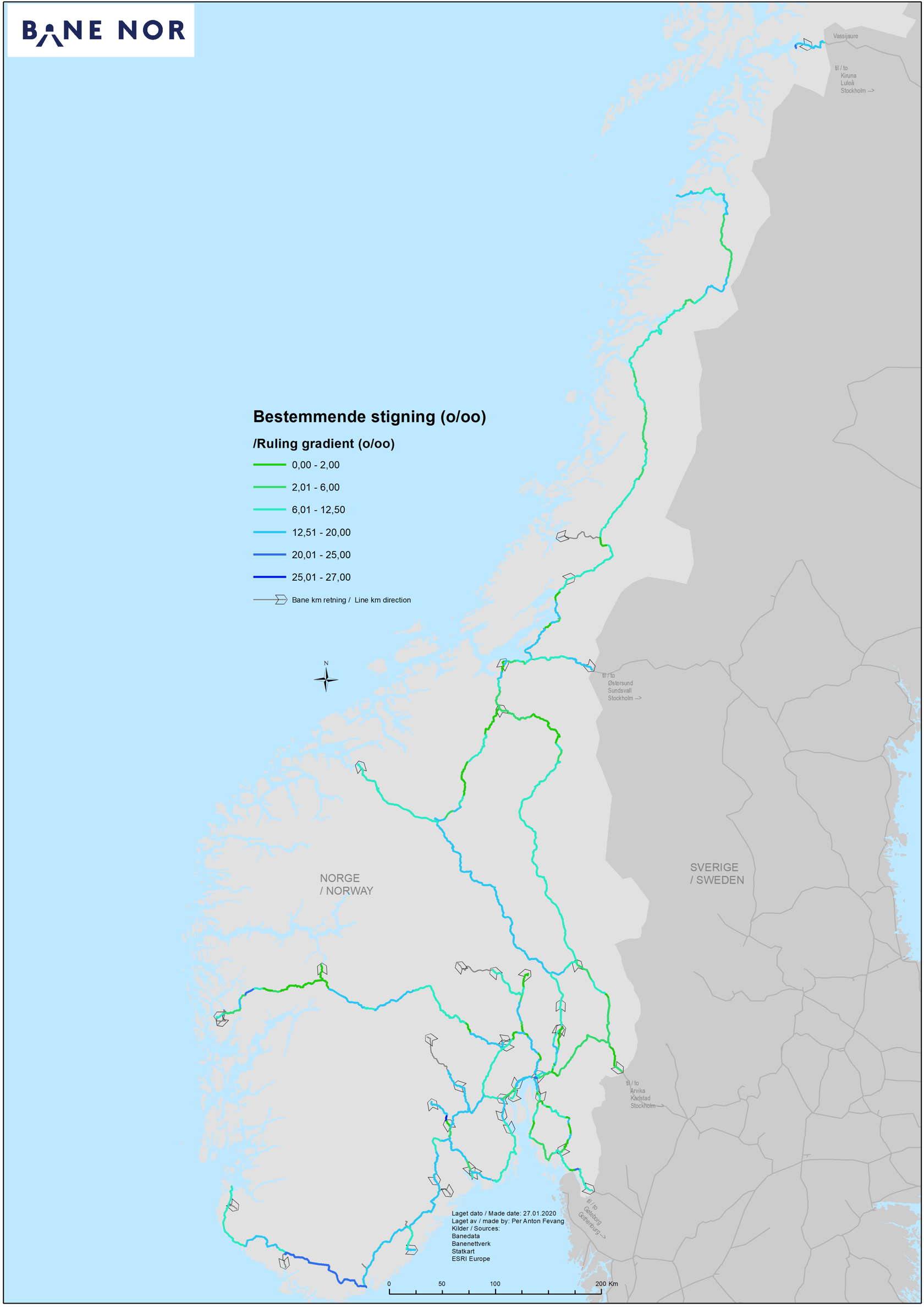 Kart over linjestigninger på jernbanenettet.