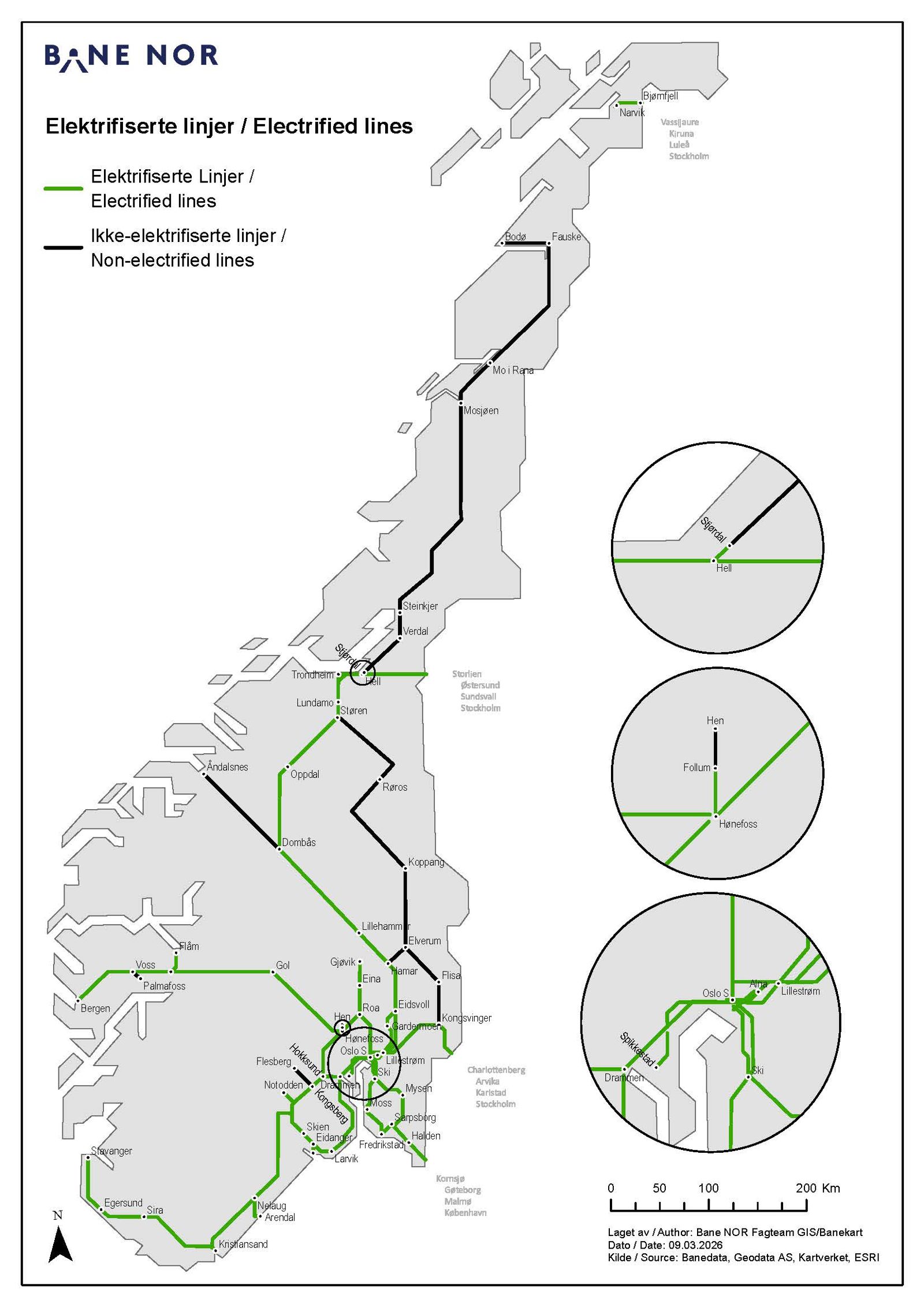 Kart over elektrifiserte linjer på det norske jernbanenettet.