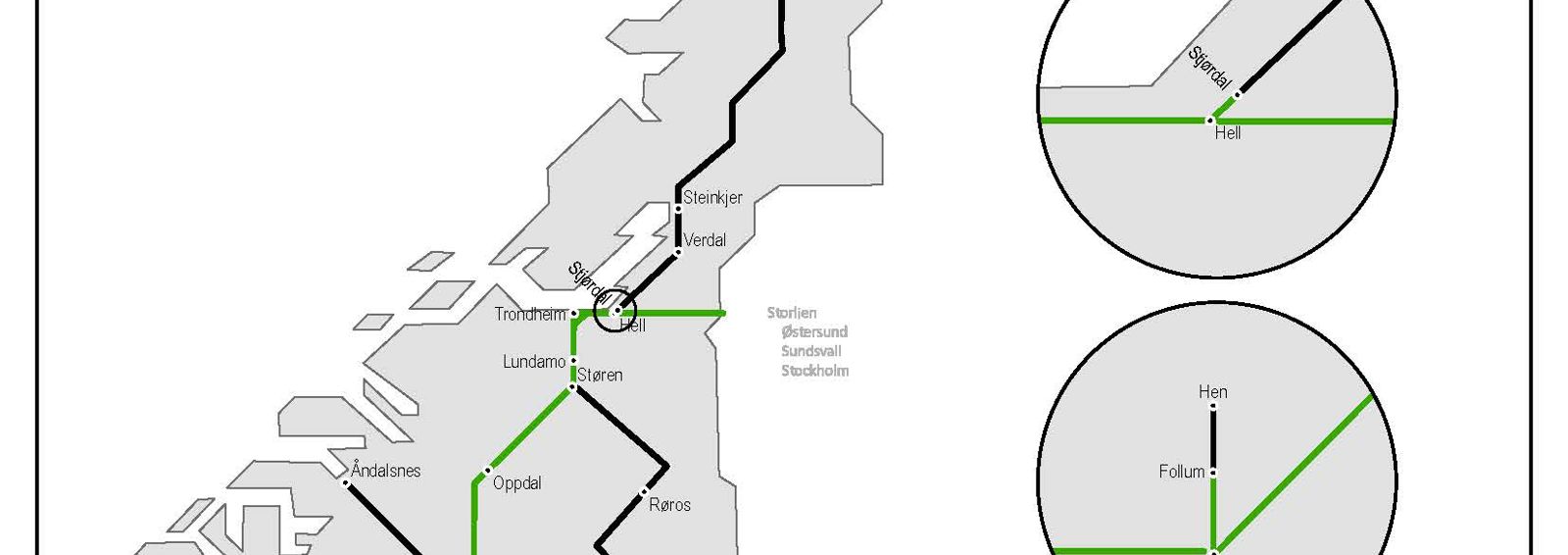Kart over elektrifiserte linjer på det norske jernbanenettet.