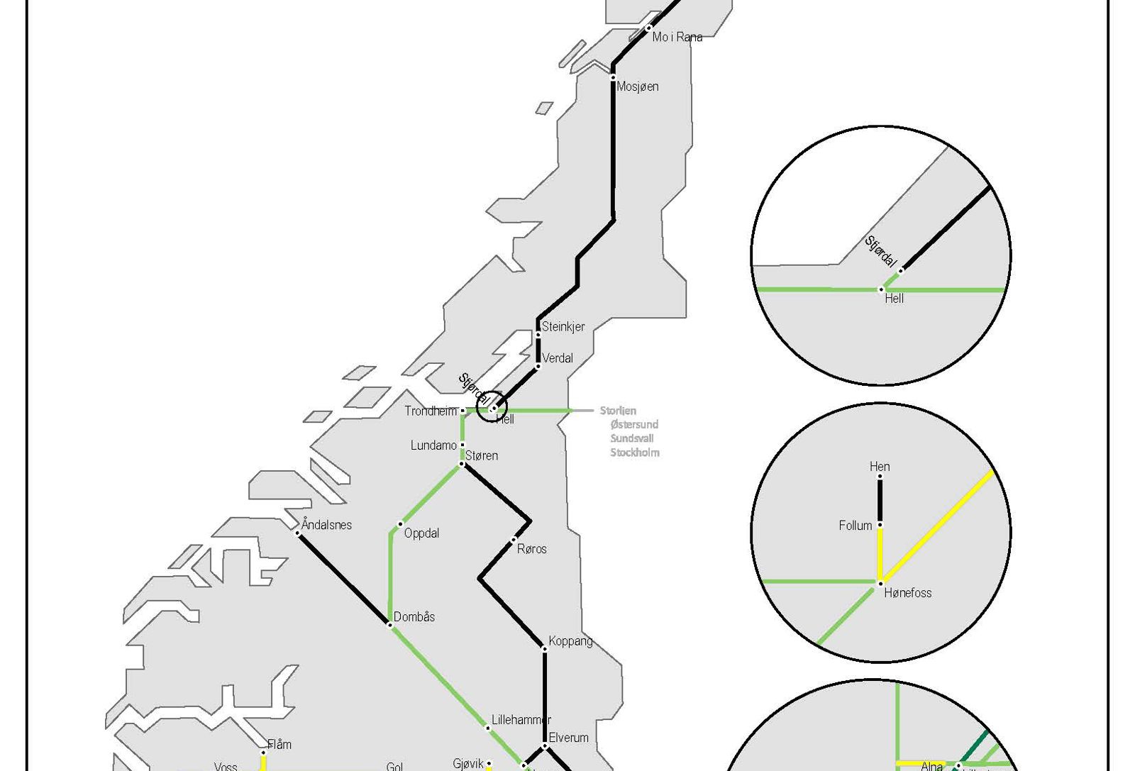 Illustrasjon som gir oversikt over maksimal togstrøm på det norske jernbanenettet.