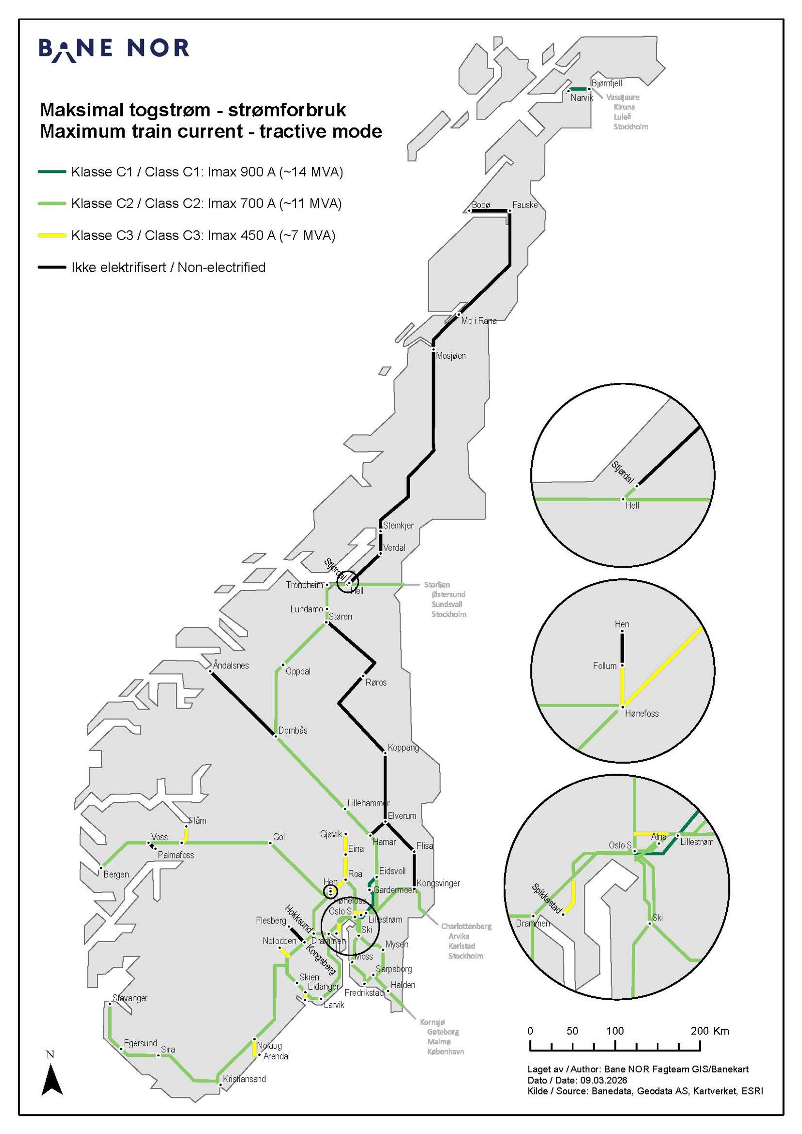Illustrasjon som gir oversikt over maksimal togstrøm på det norske jernbanenettet.