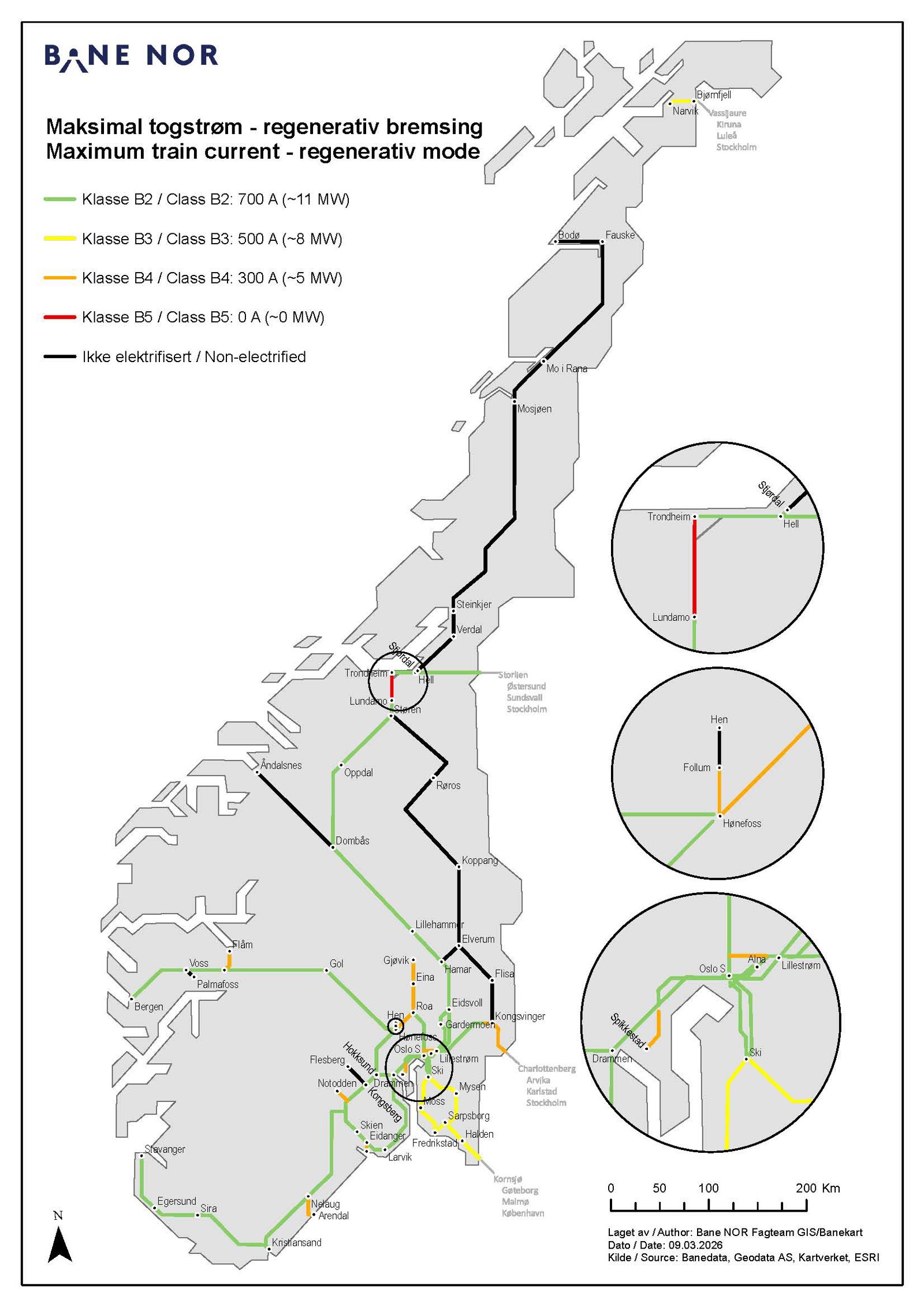 Illustrasjon som viser maksimal togstrøm regenerativ bremsing på det norske jernbanenettet.