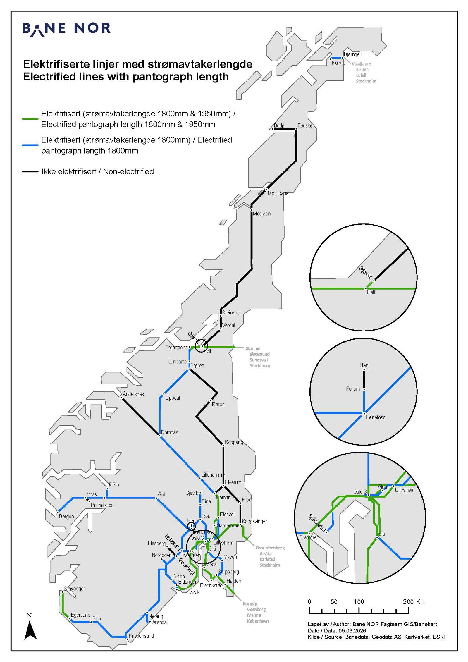 Illustrasjon som gir oversikt over maks strømavtakerlengde på det norske jernbanenettet.