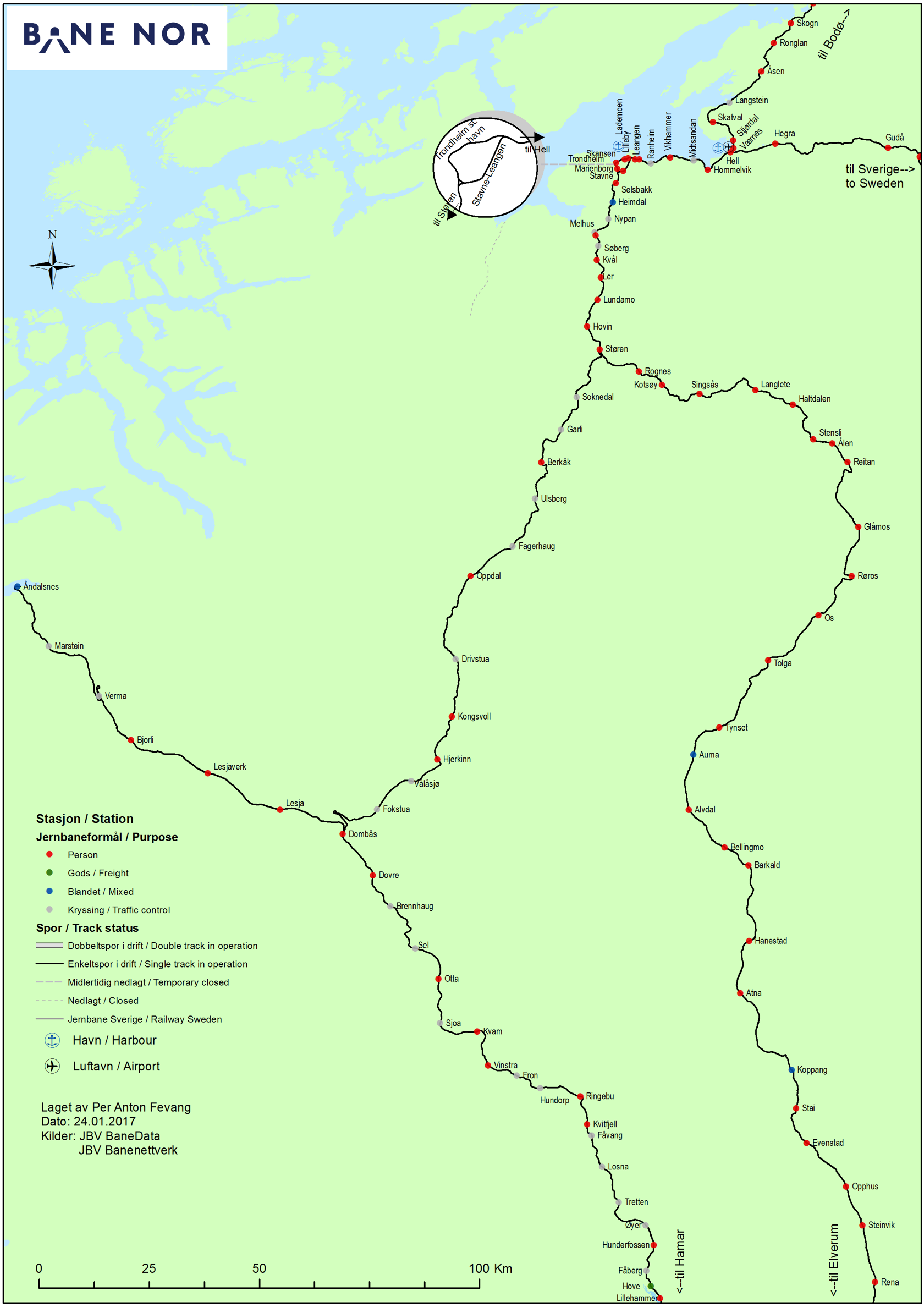 Map of the Dovre, Rauma, and Røros lines.