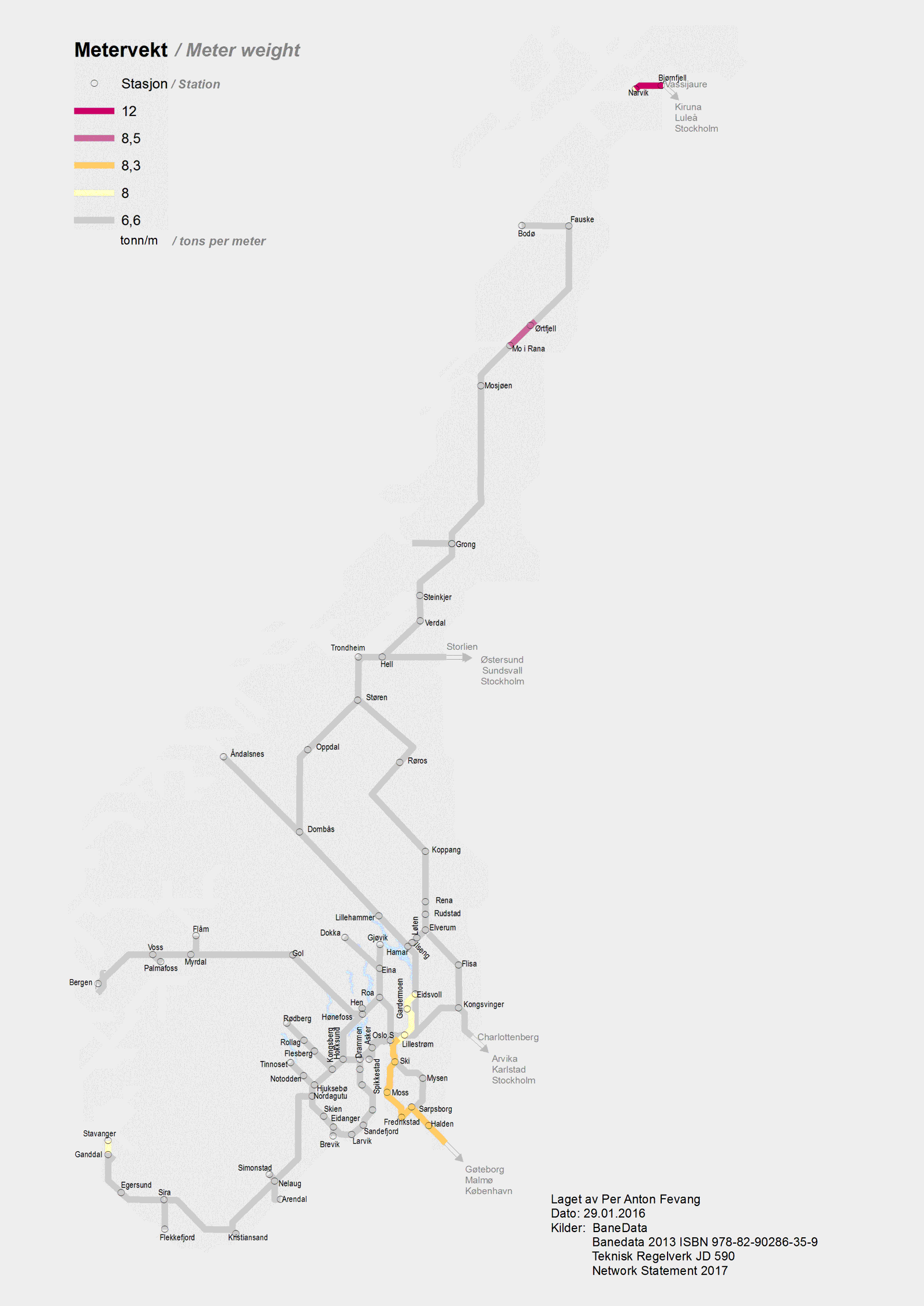 Schematic map showing maximum allowed meter weight according to the classifications of the lines