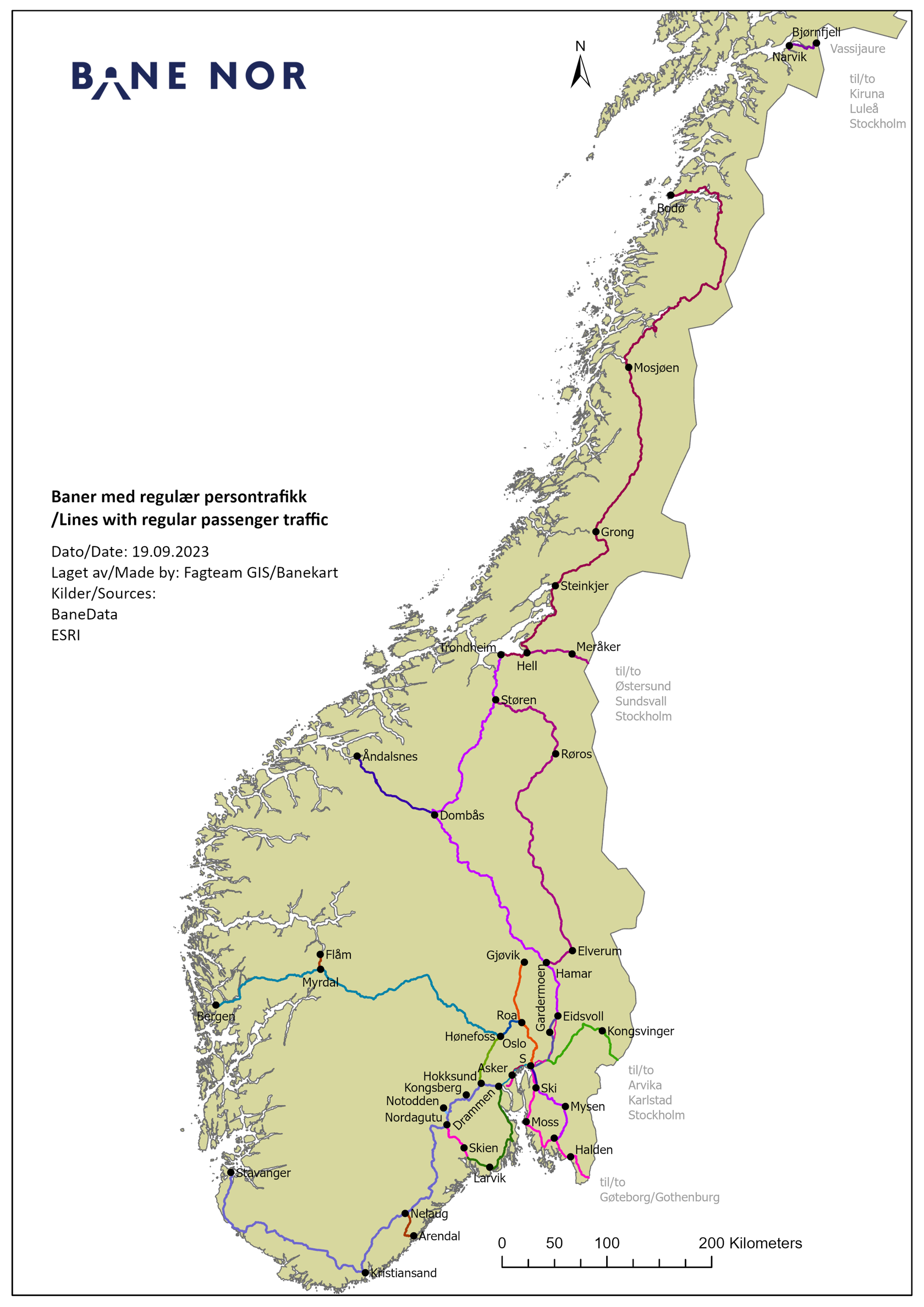 Map of Norway depicting all lines with regular passenger traffic 