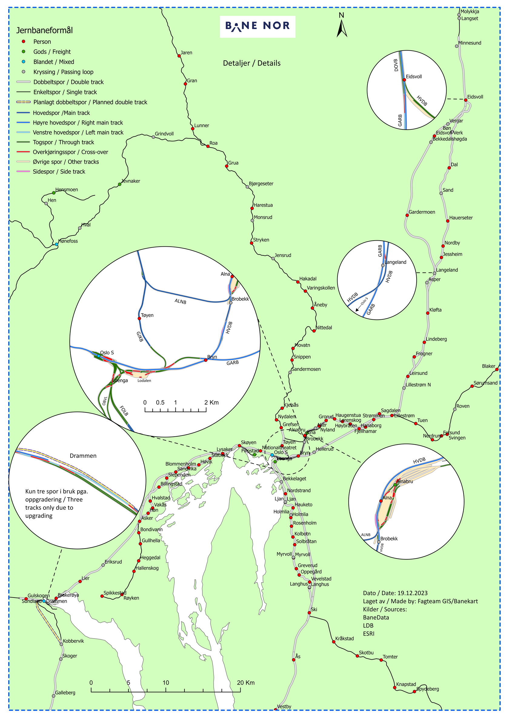 Map of the lines in Oslo, Drammen, and surrounding areas. 