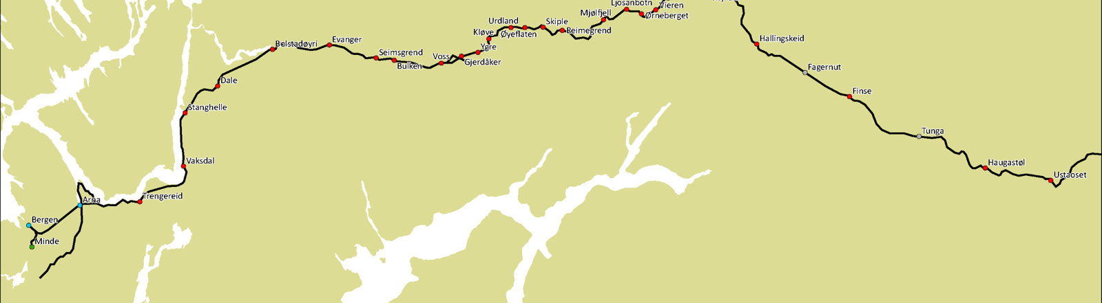 Map of route sections along Bergensbanen and Flåmsbana.