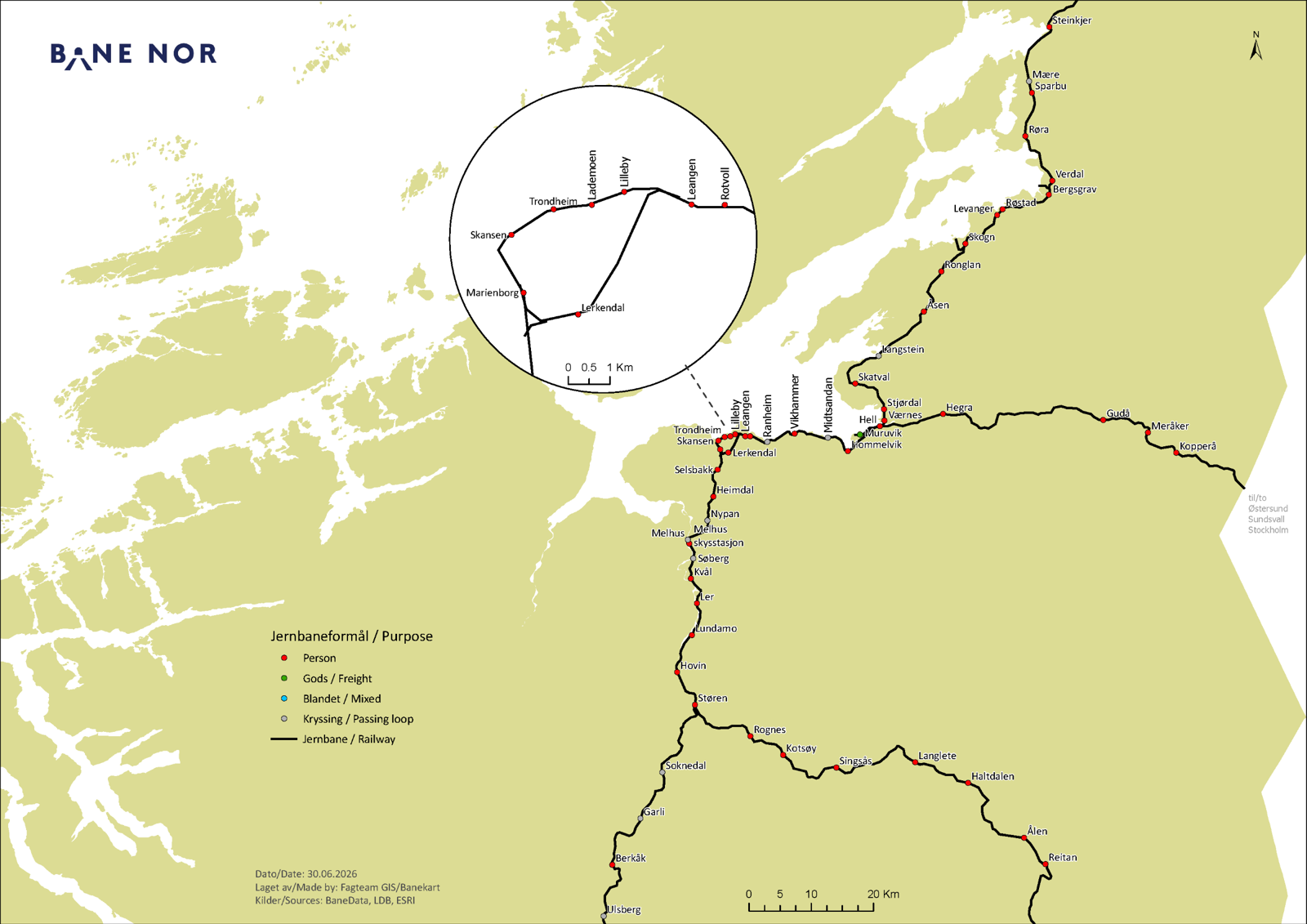 Kart over strekninger langs Nordlandsbanen og Midt-Norge