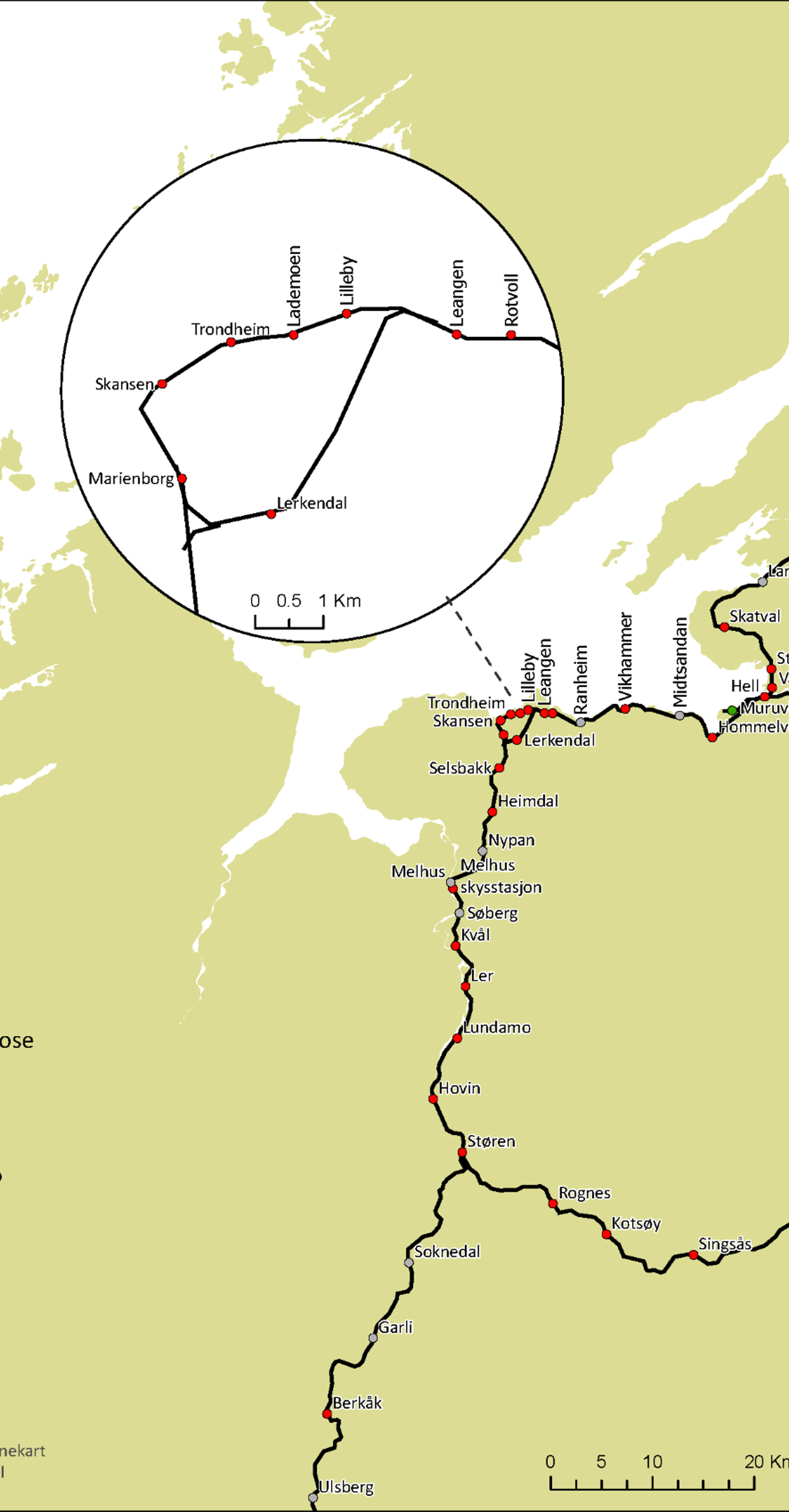 Kart over strekninger langs Nordlandsbanen og Midt-Norge