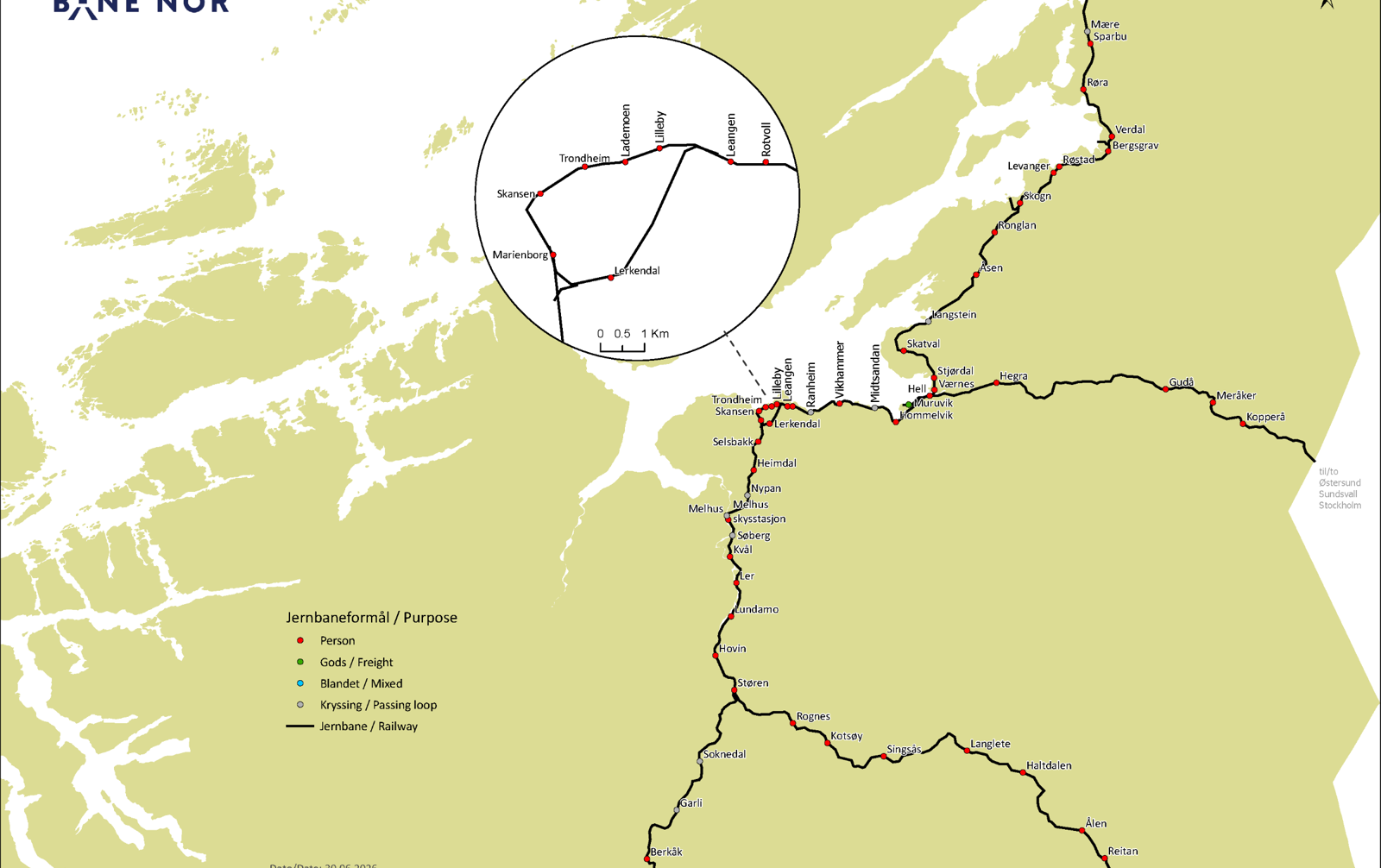 Kart over strekninger langs Nordlandsbanen og Midt-Norge