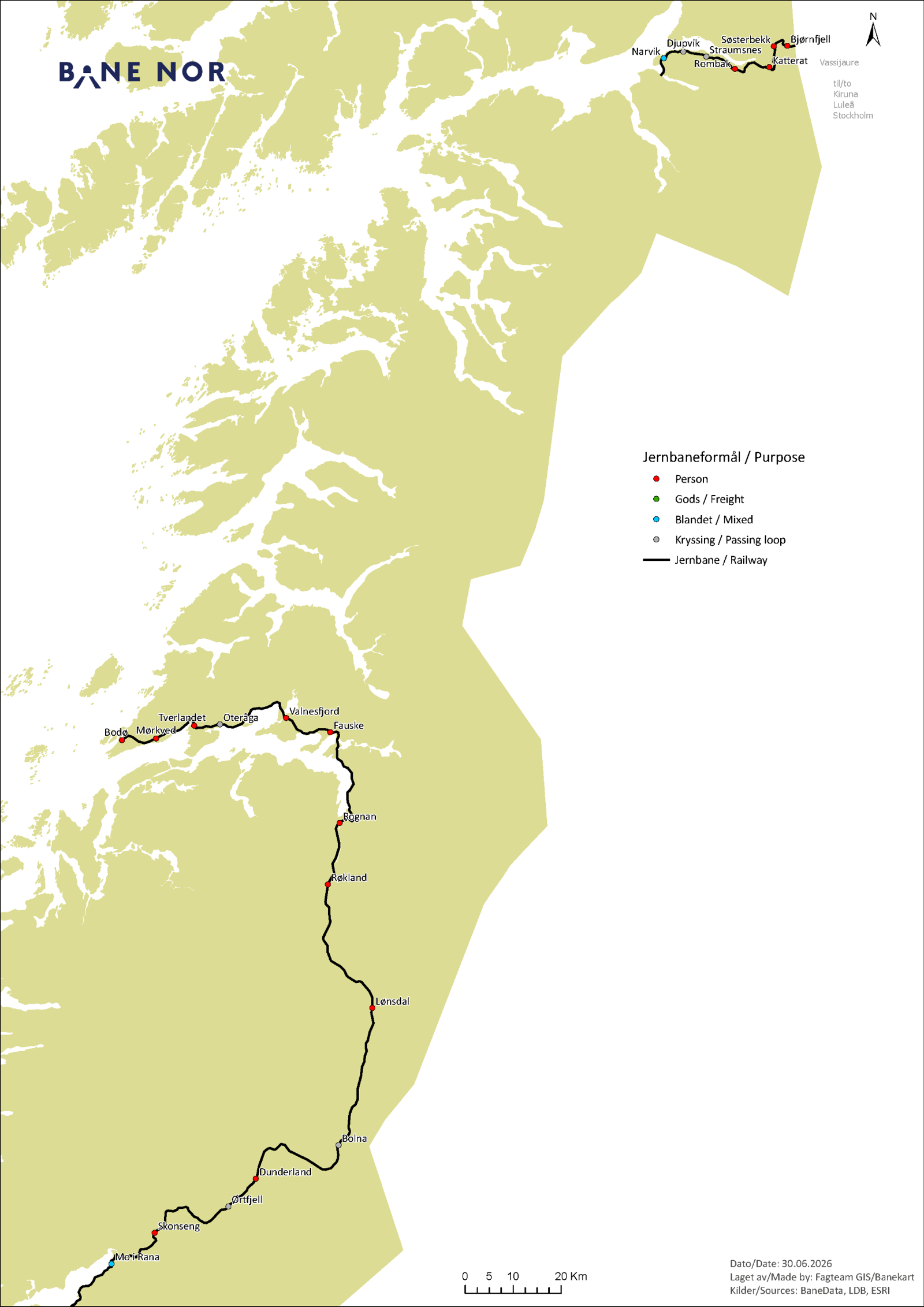 Kart over strekninger langs Nordlandsbanen og Ofotbanen.