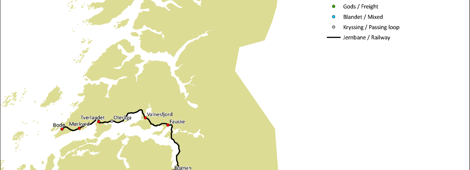 Kart over strekninger langs Nordlandsbanen og Ofotbanen.