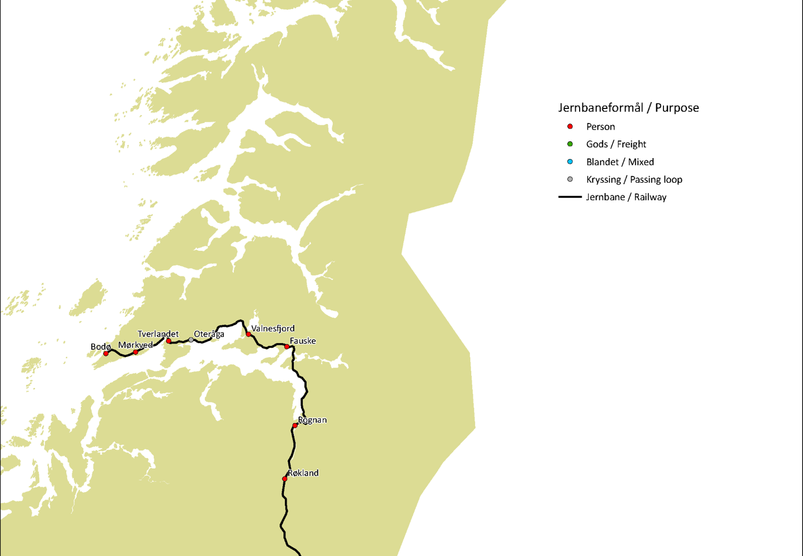 Kart over strekninger langs Nordlandsbanen og Ofotbanen.