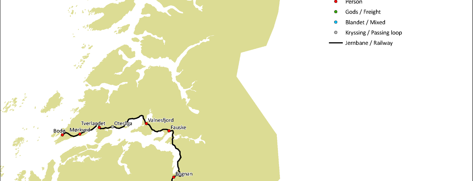 Kart over strekninger langs Nordlandsbanen og Ofotbanen.