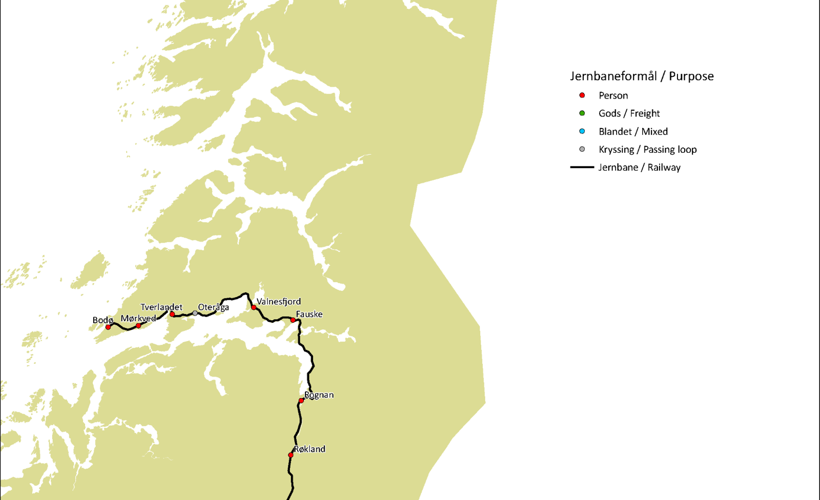 Kart over strekninger langs Nordlandsbanen og Ofotbanen.