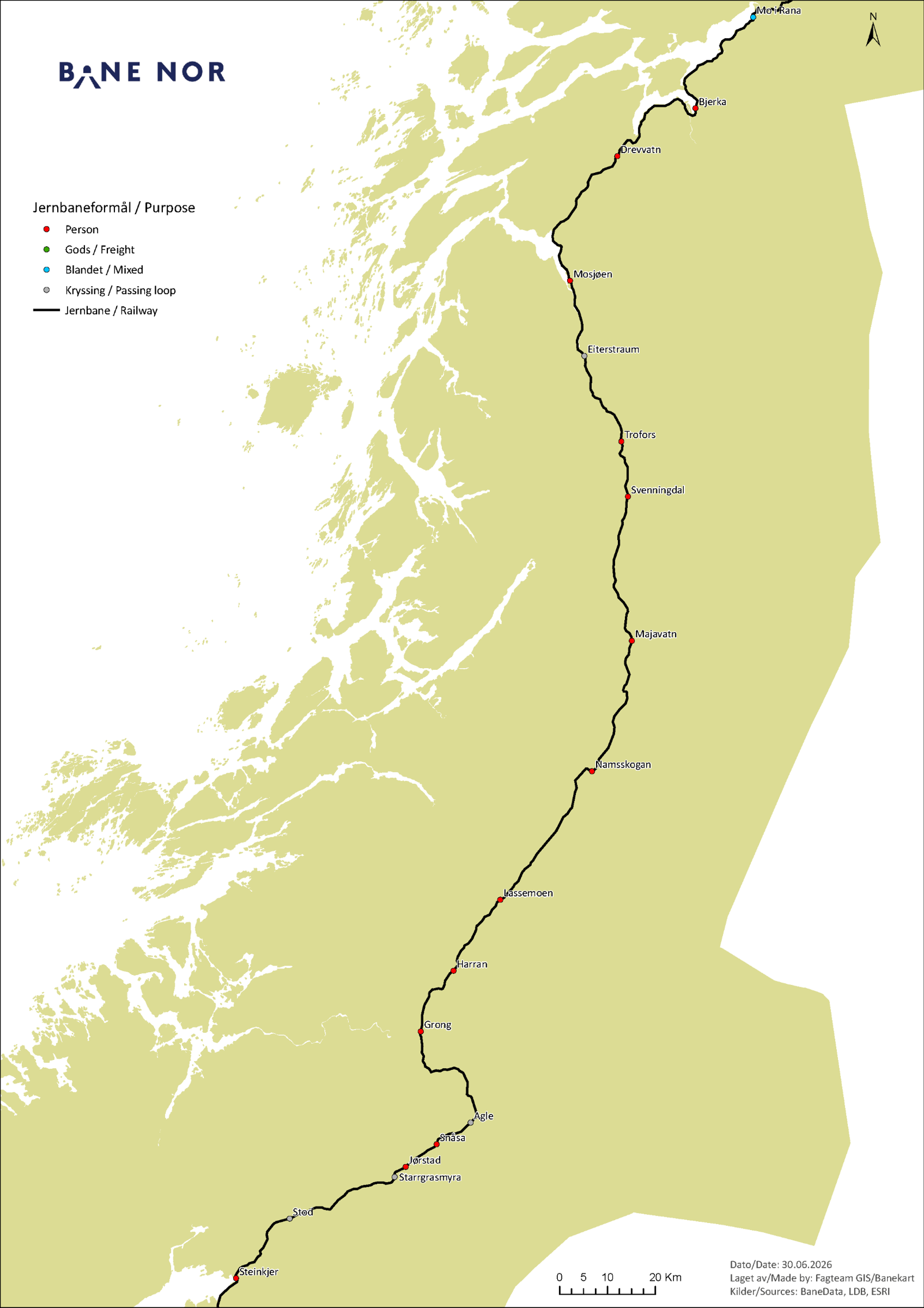 Kart over strekninger langs Nordlandsbanen.
