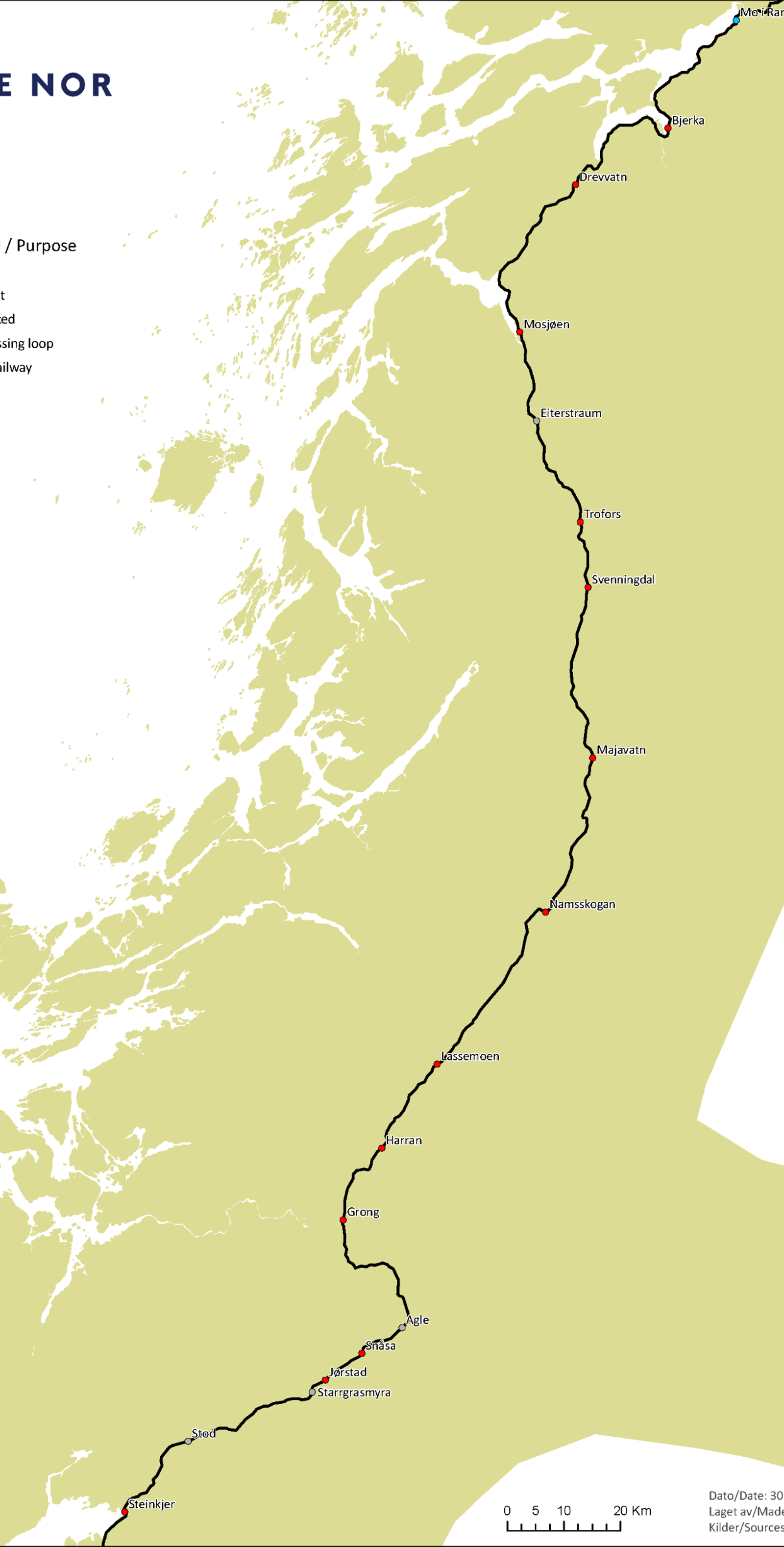 Kart over strekninger langs Nordlandsbanen.
