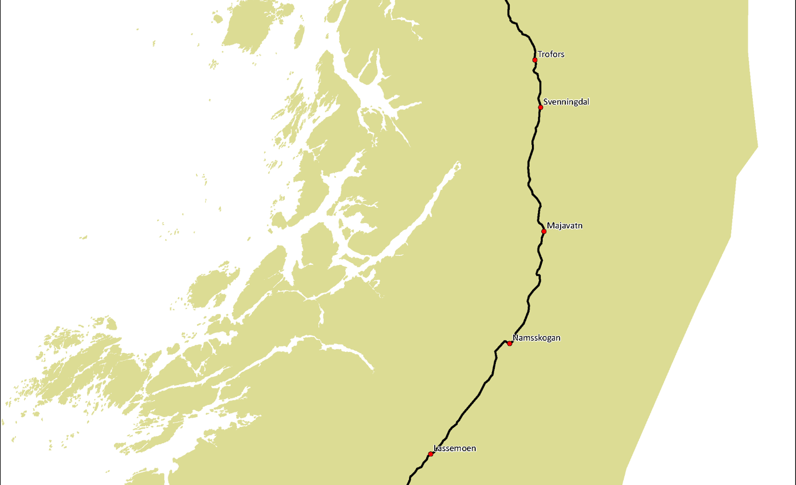 Kart over strekninger langs Nordlandsbanen.
