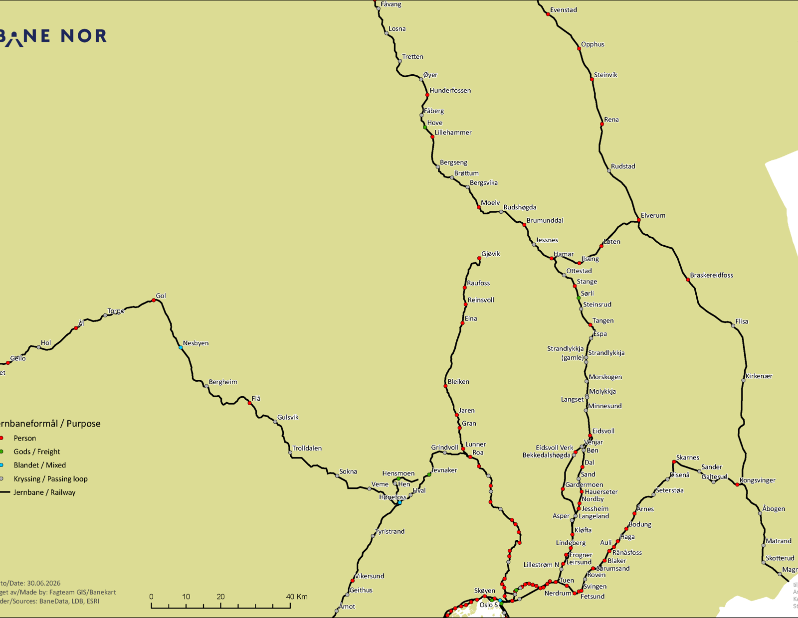Map showing route sections along Eastern Norway and Bergensbanen.