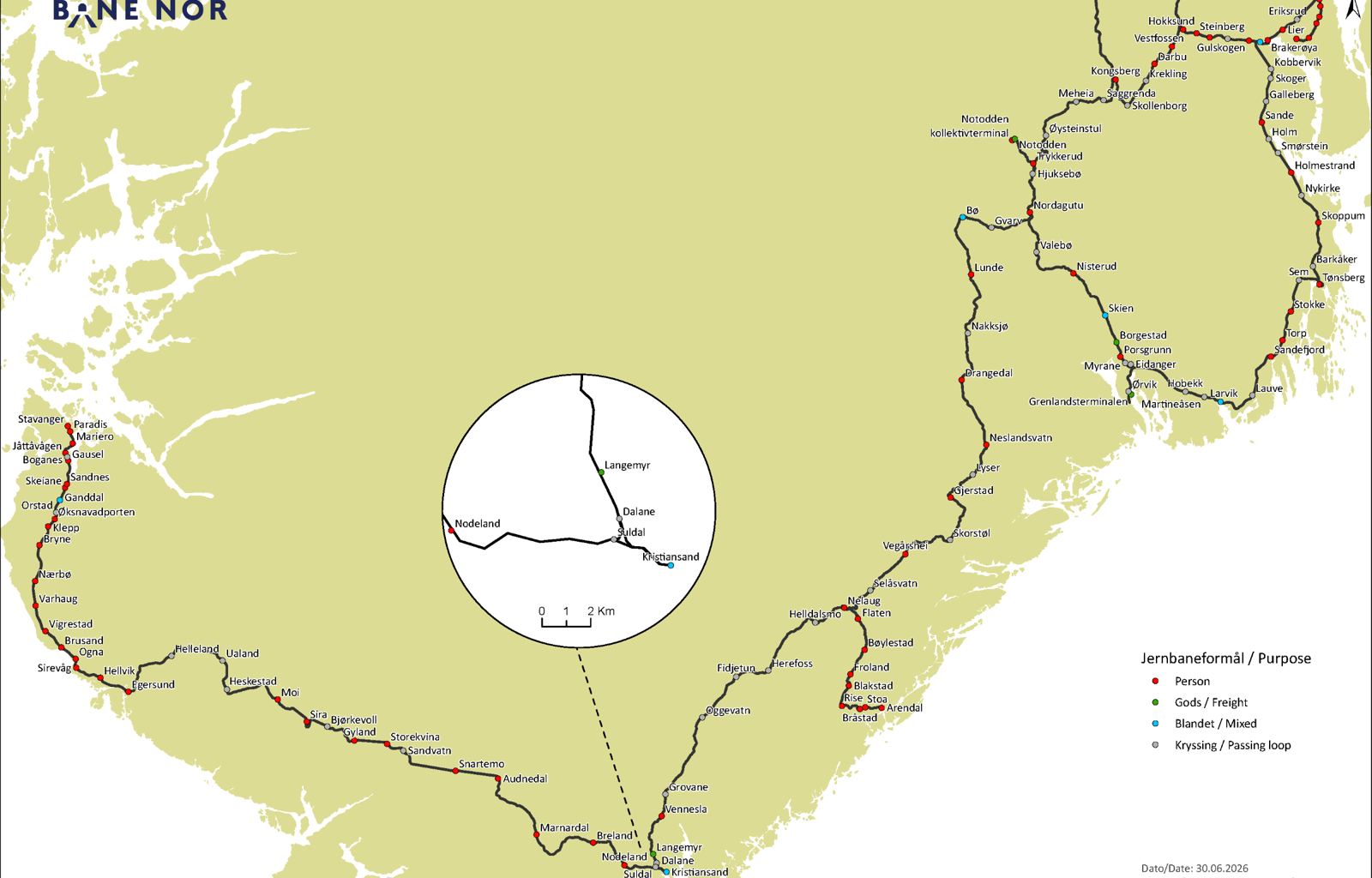 Kart som viser Sørlandsbanen og tilgrensede baner.