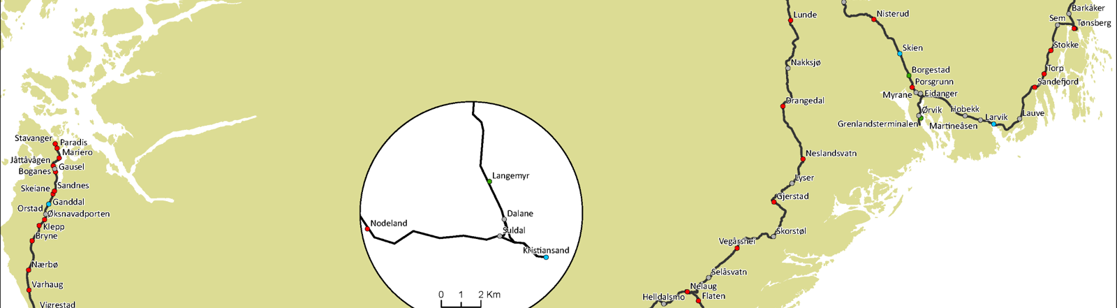Sections along Sørlandsbanen and the adjacent lines. 