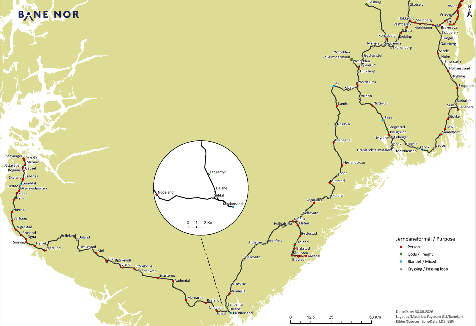 Kart som viser Sørlandsbanen og tilgrensede baner.