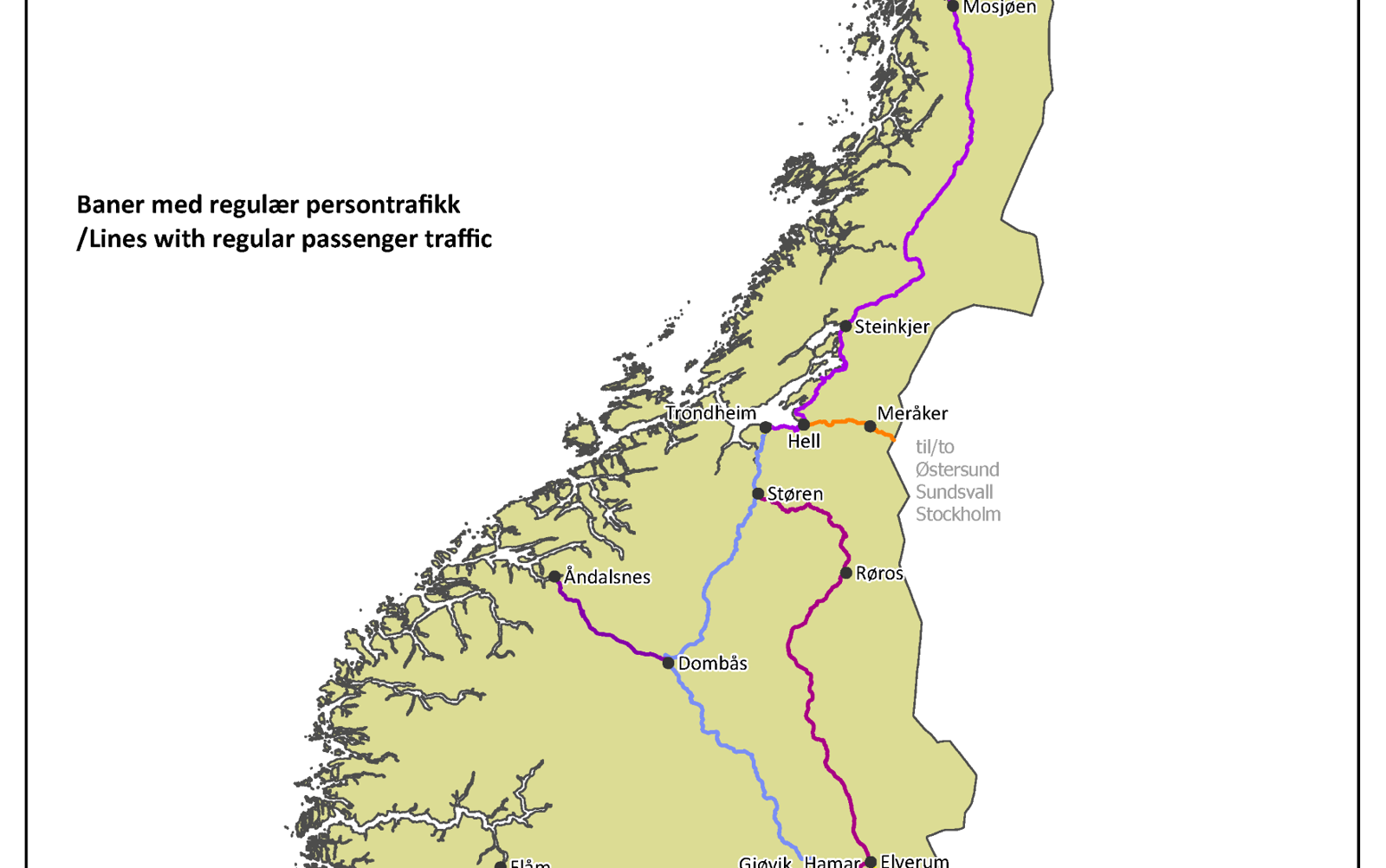 Strekningskart som viser de ulike strekningene langs det norske jernbanenettverket. 