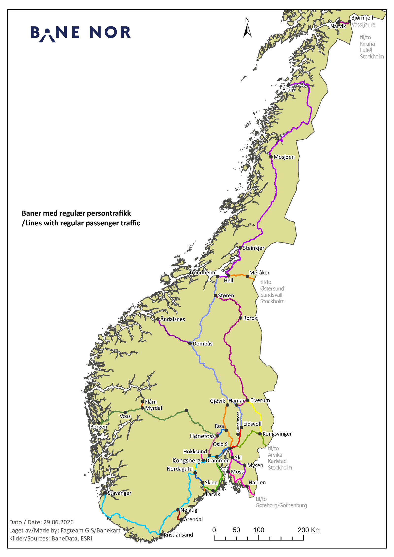 Route section map showing the various route sections along the Norwegian railway network.