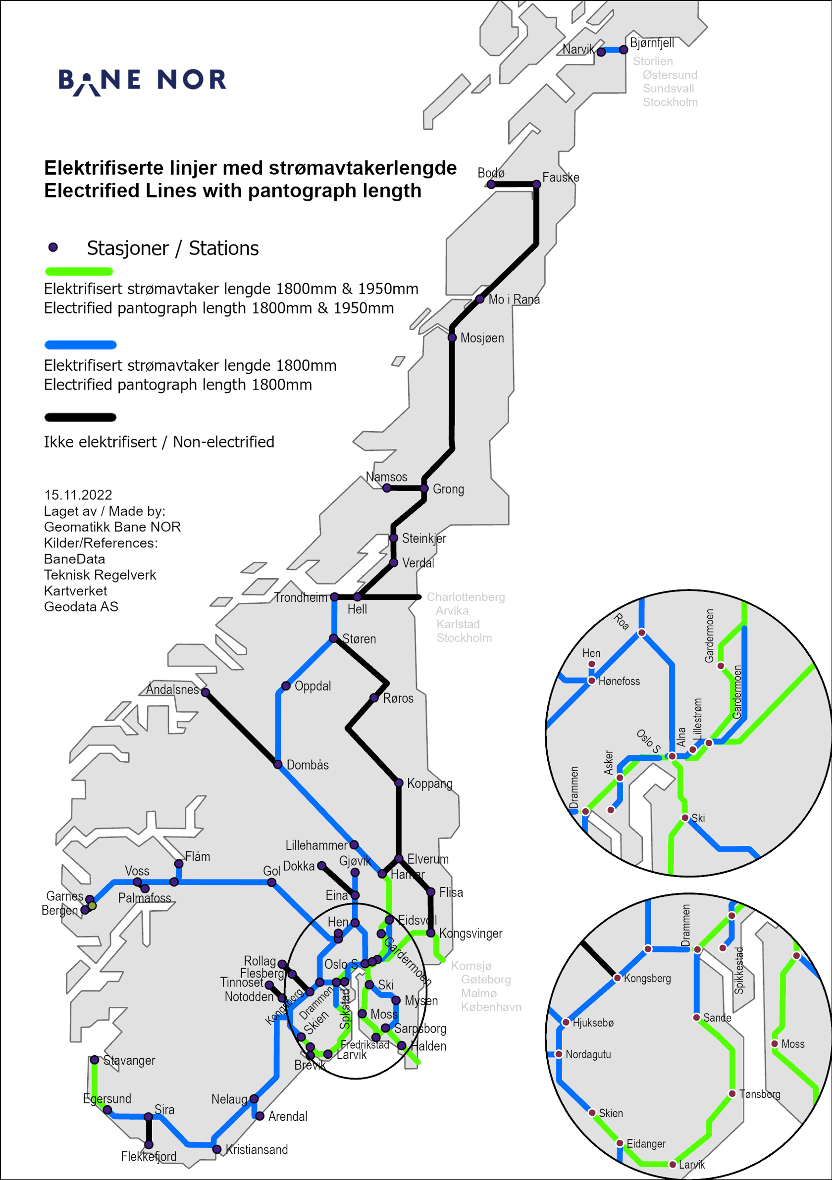 Kart over elektrifiserte og ikke elektrifiserte linjer samt strømavtaker lengde.