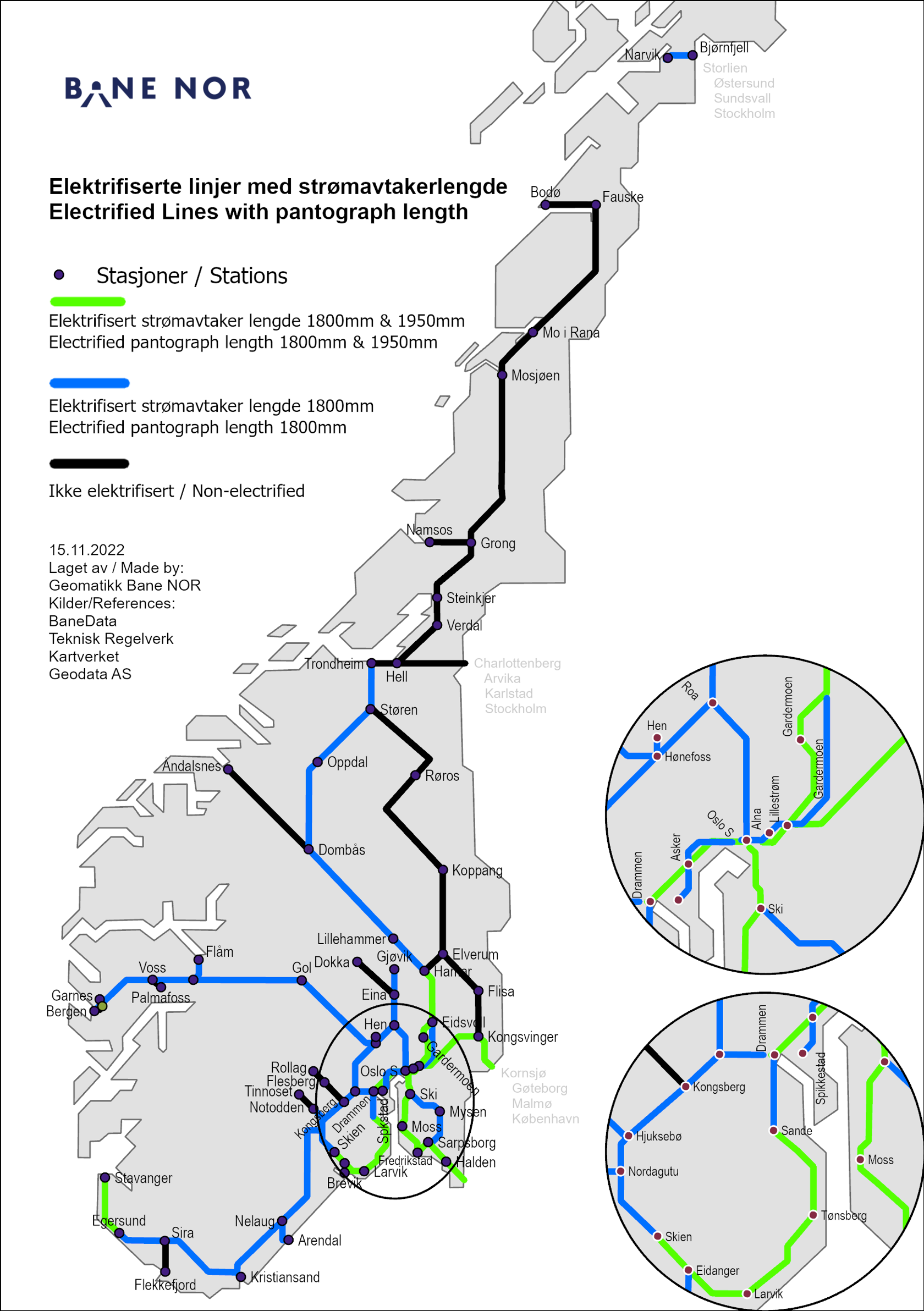 Map of electrified and non-electrified lines as well as pantograph length. Illustration