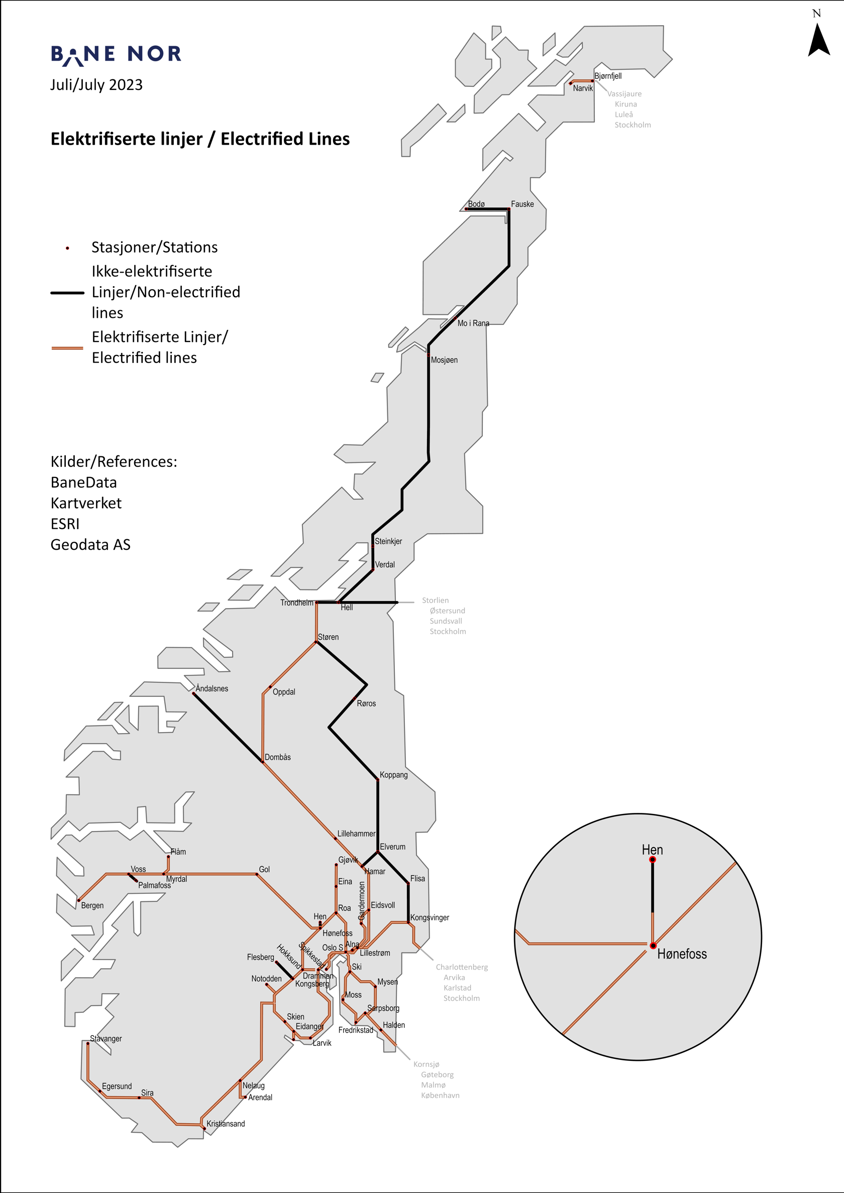 Kart over elektrifiserte linjer på det norske jernbanenettet.