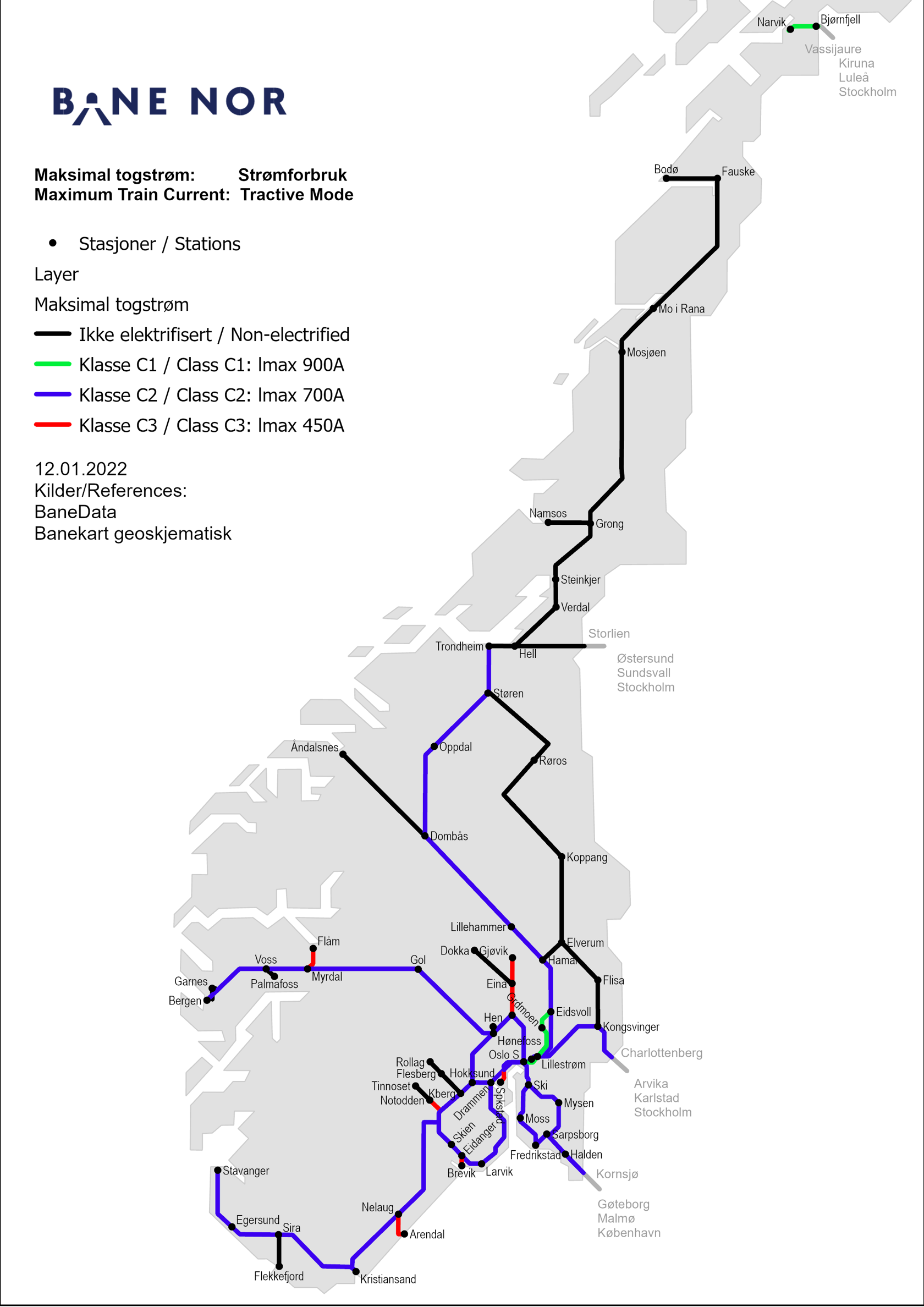 Kart over maksimal togstrøm strømforbruk på det norske jernbanenettet.