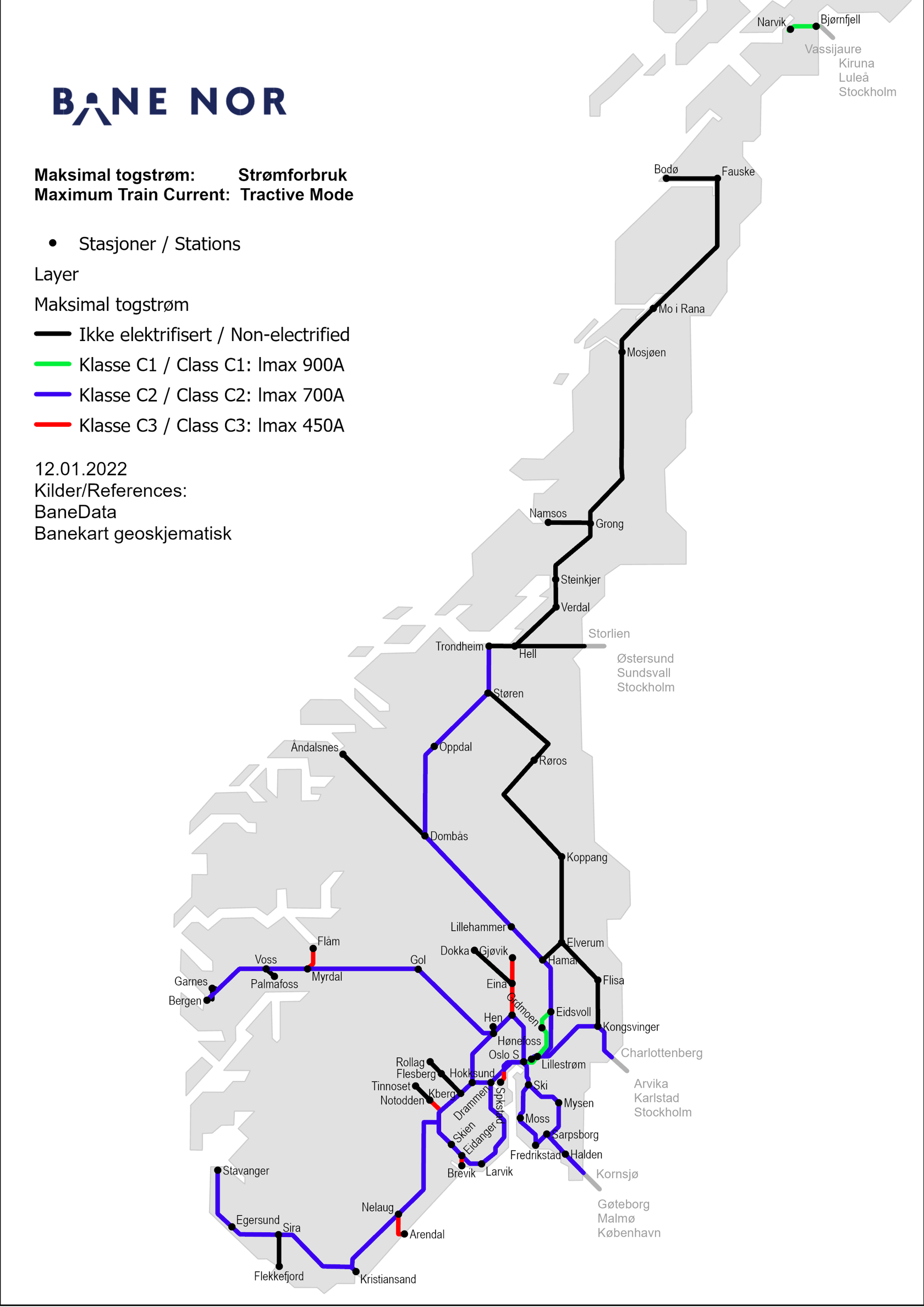 Map of maximum train current. Illustration. 