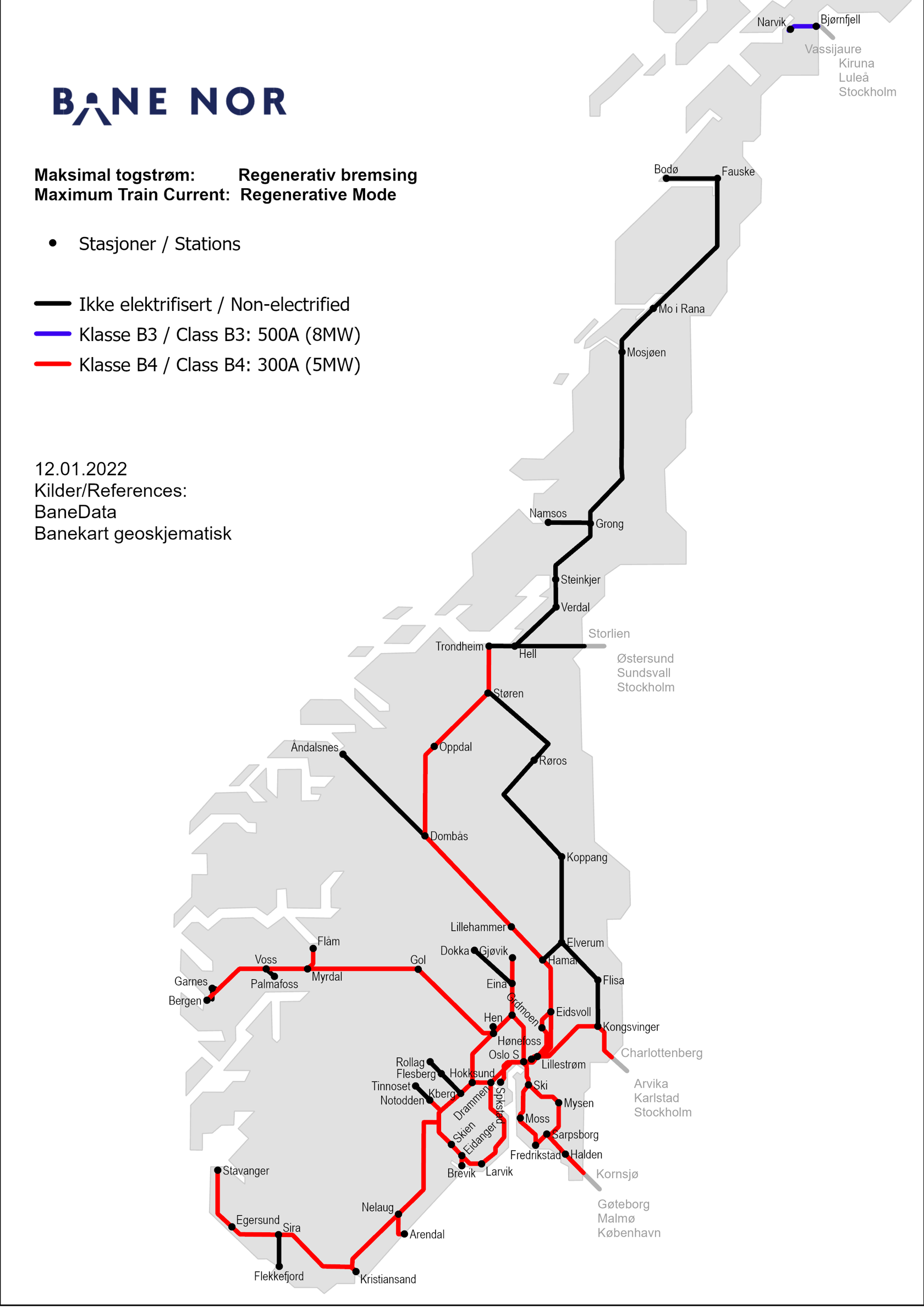 Kart over maksimal togstrøm ogregenerativ bremsing på det norske jernbanenettet.