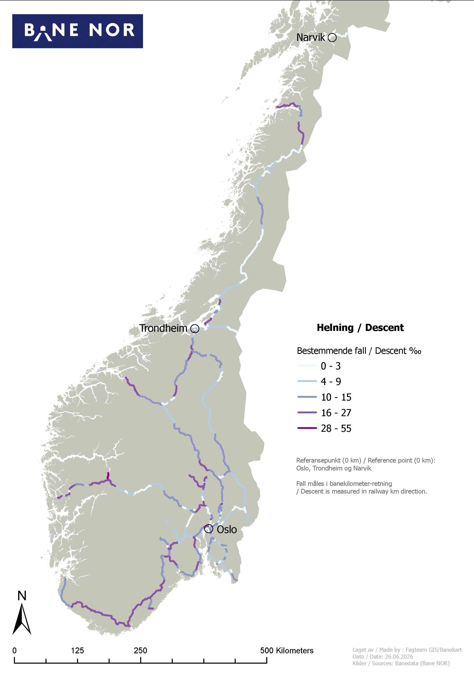 Kart over linjefall på jernbanenettet.